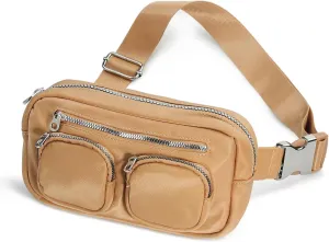 Women's Zipper Pockets Fanny Packs Nylon Waist bag Everywhere Belt bag (Tan)