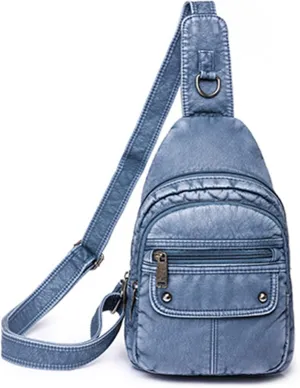 Womens's Vintage Sling Bag for Women Leather Chest Bags Crossbody Daypack Purse Shoulder Backpack Satchel Bag, Blue-2