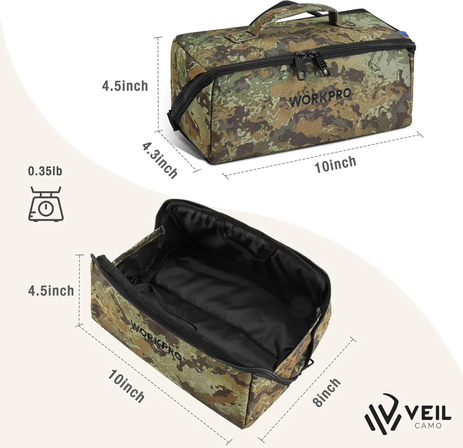 WORKPRO Tool Bag with Zipper, 10" Utility Wide Mouth Heavy Duty Tool Storage Bag, Multipurpose Zipper Tool Pouch Tote Bag for Organizer 3-pack, Camo