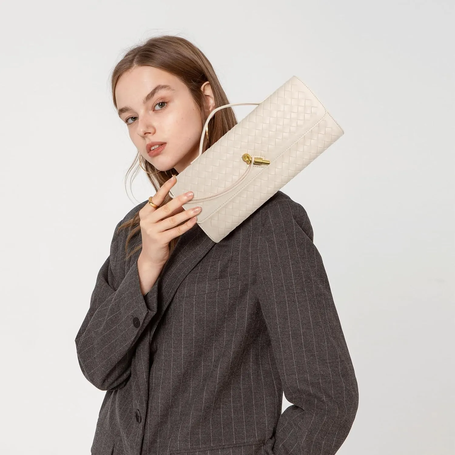 Woven Clutch Purses for Women, Formal Satchel Leather Evening Bag Shoulder Handbag