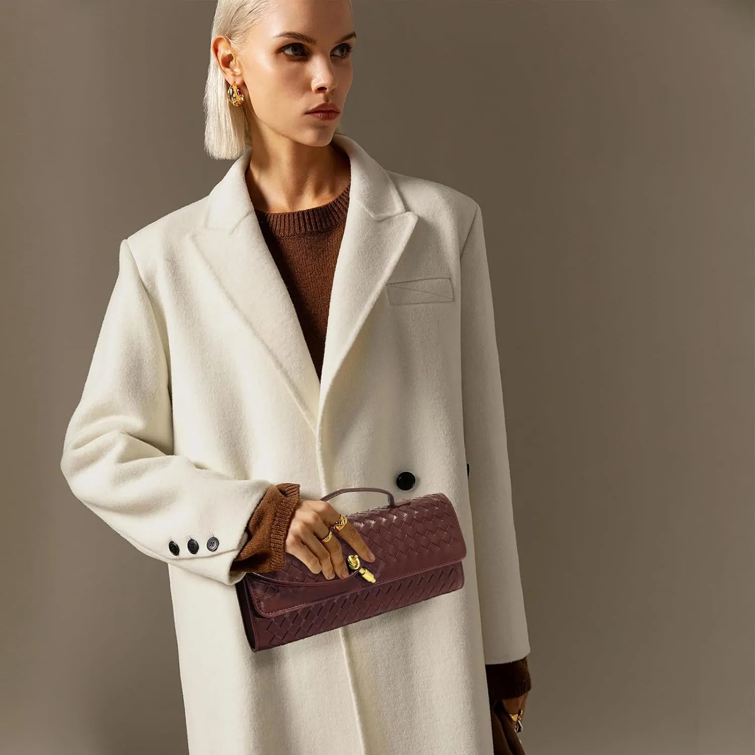 Woven Clutch Purses for Women, Formal Satchel Leather Evening Bag Shoulder Handbag