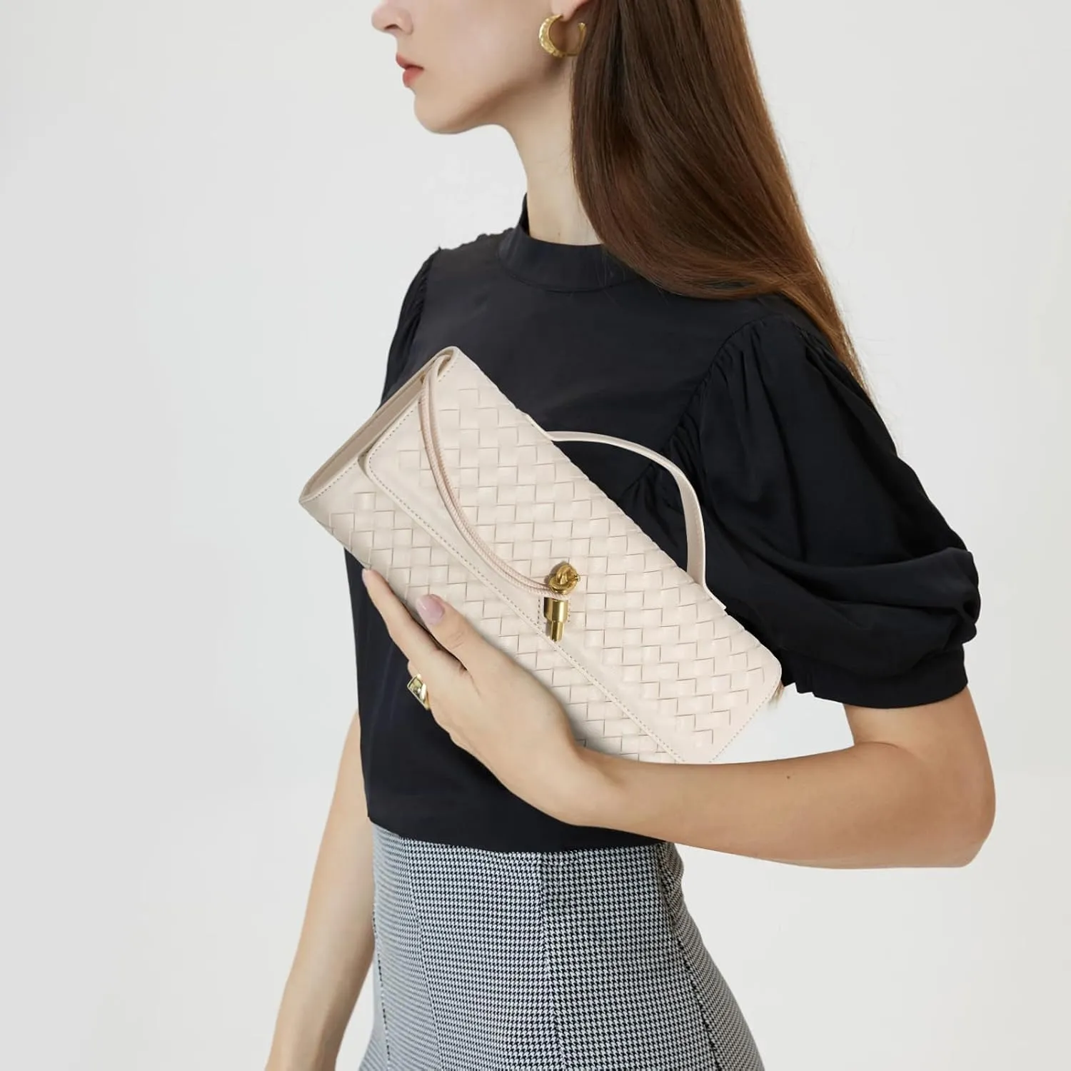 Woven Clutch Purses for Women, Formal Satchel Leather Evening Bag Shoulder Handbag