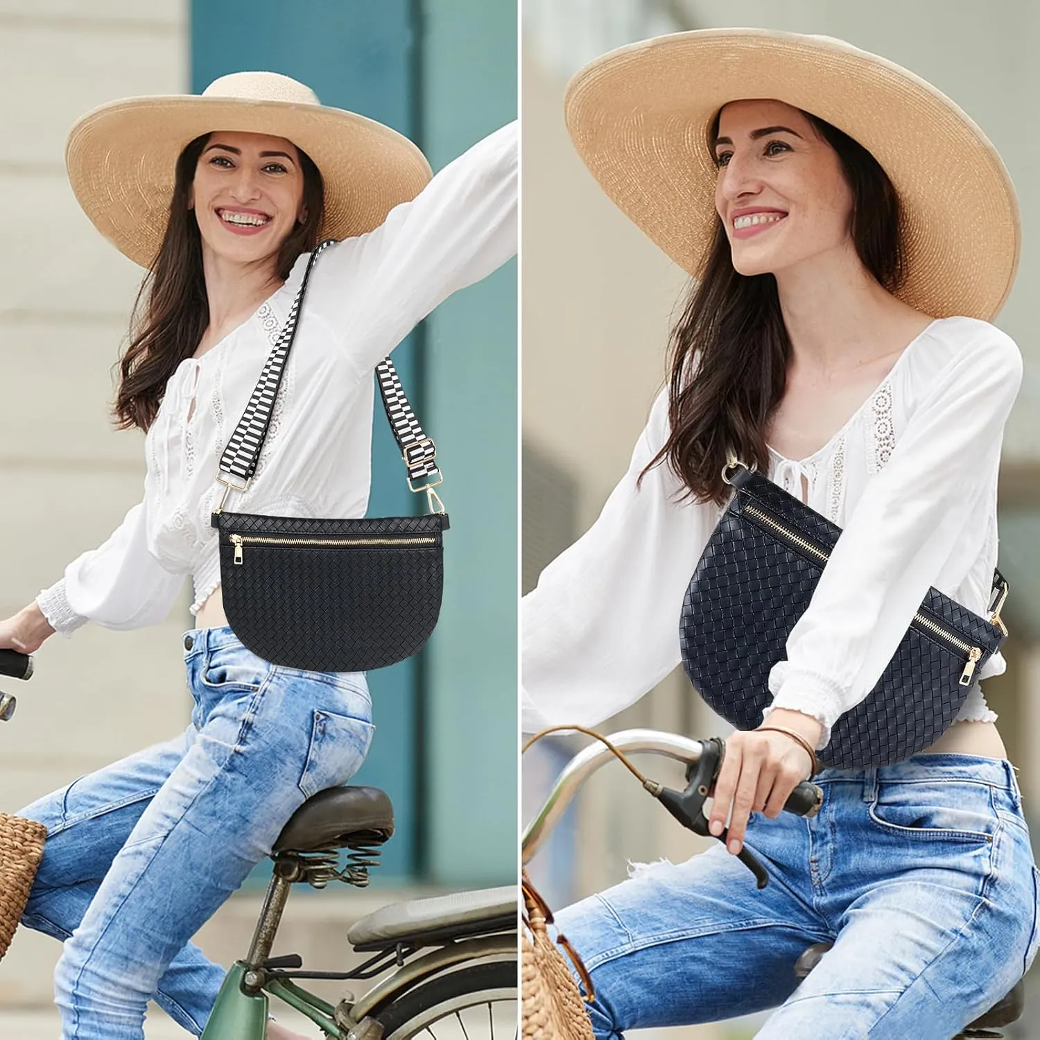 Woven Fanny Packs Belt Sling Bag Woven Leather Bum Crossbody Waist Pack Chest Purse Shoulder Bag for Women-Black