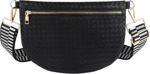 Woven Fanny Packs Belt Sling Bag Woven Leather Bum Crossbody Waist Pack Chest Purse Shoulder Bag for Women-Black