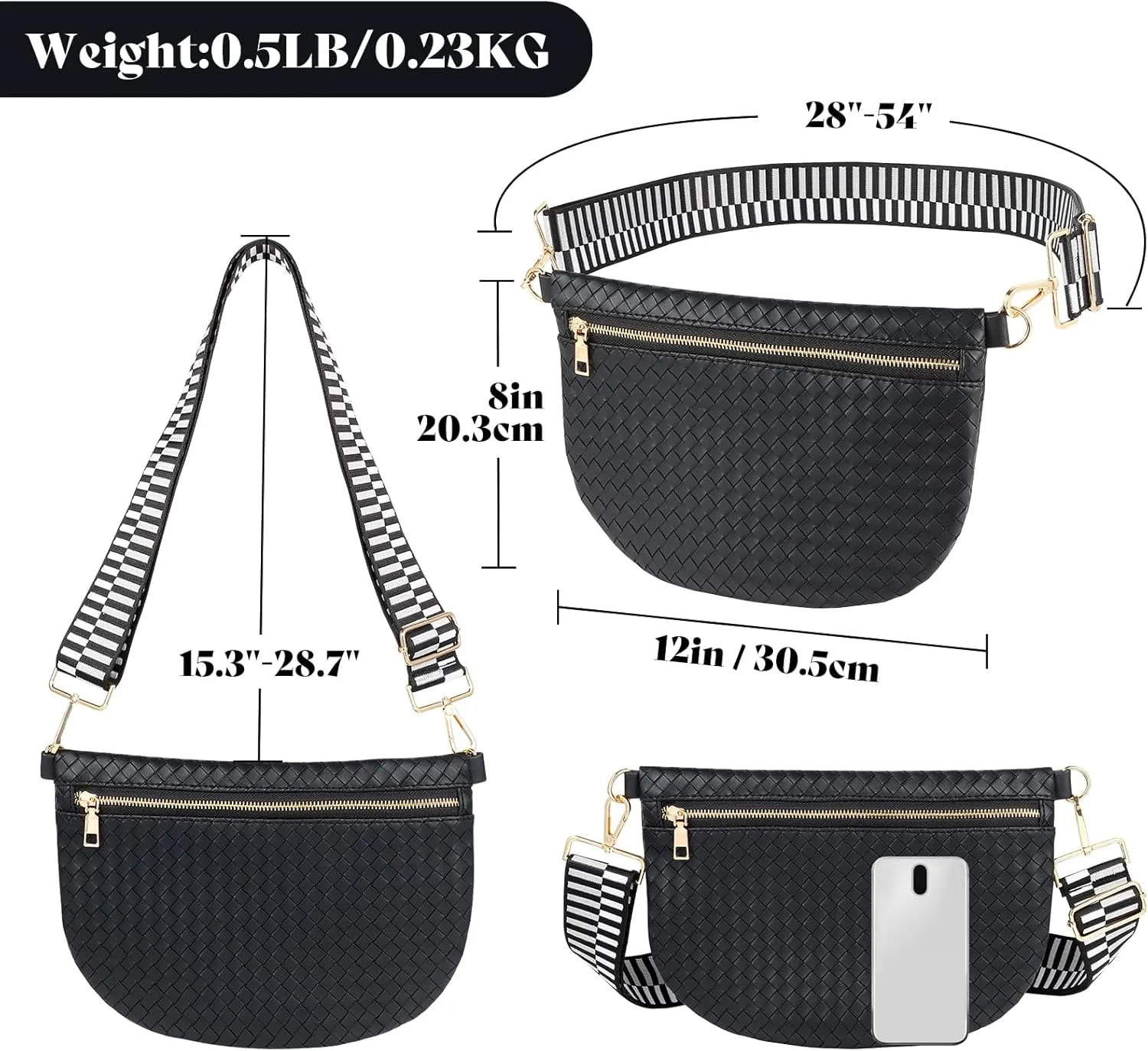 Woven Fanny Packs Belt Sling Bag Woven Leather Bum Crossbody Waist Pack Chest Purse Shoulder Bag for Women-Black