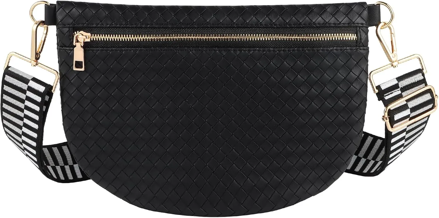 Woven Fanny Packs Belt Sling Bag Woven Leather Bum Crossbody Waist Pack Chest Purse Shoulder Bag for Women-Black