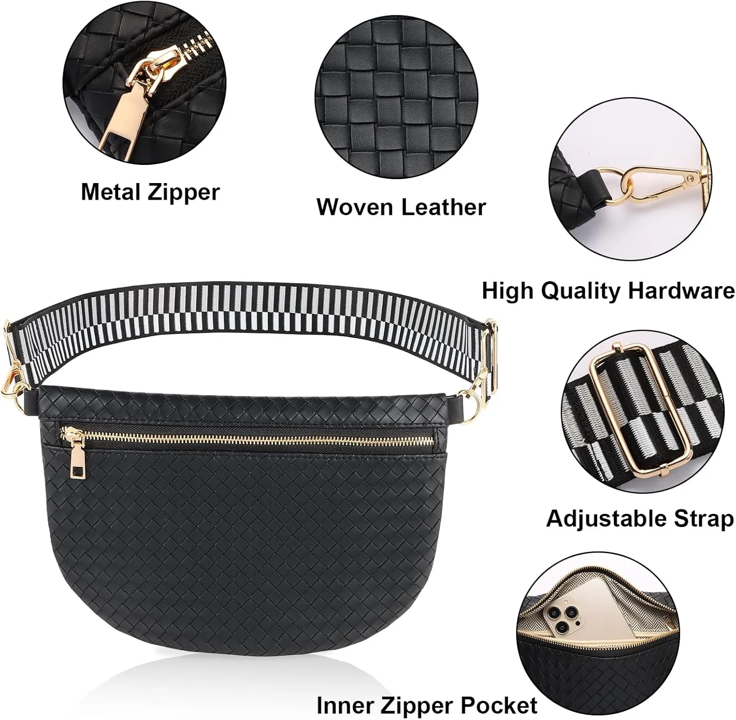 Woven Fanny Packs Belt Sling Bag Woven Leather Bum Crossbody Waist Pack Chest Purse Shoulder Bag for Women-Black