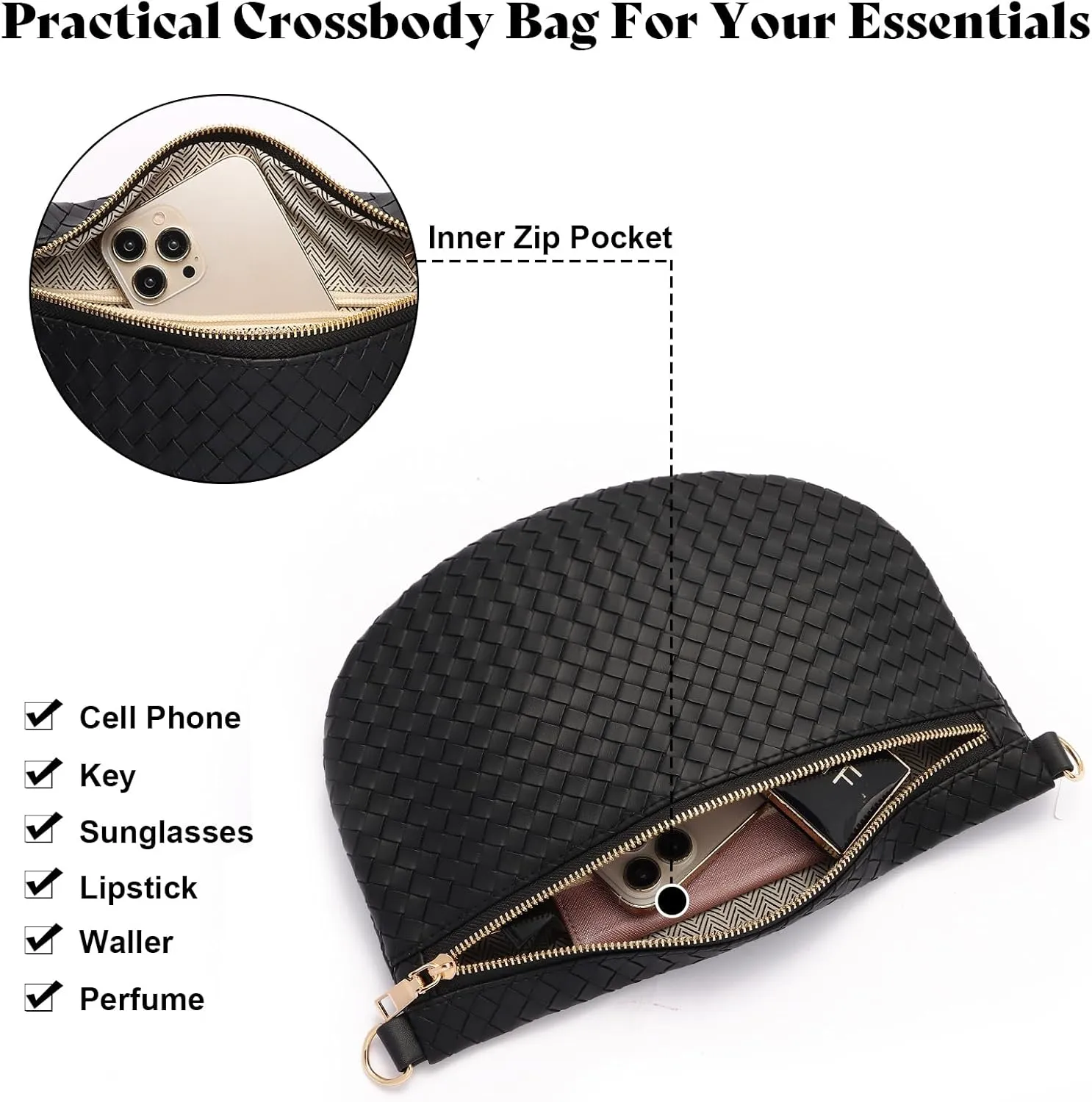 Woven Fanny Packs Belt Sling Bag Woven Leather Bum Crossbody Waist Pack Chest Purse Shoulder Bag for Women-Black