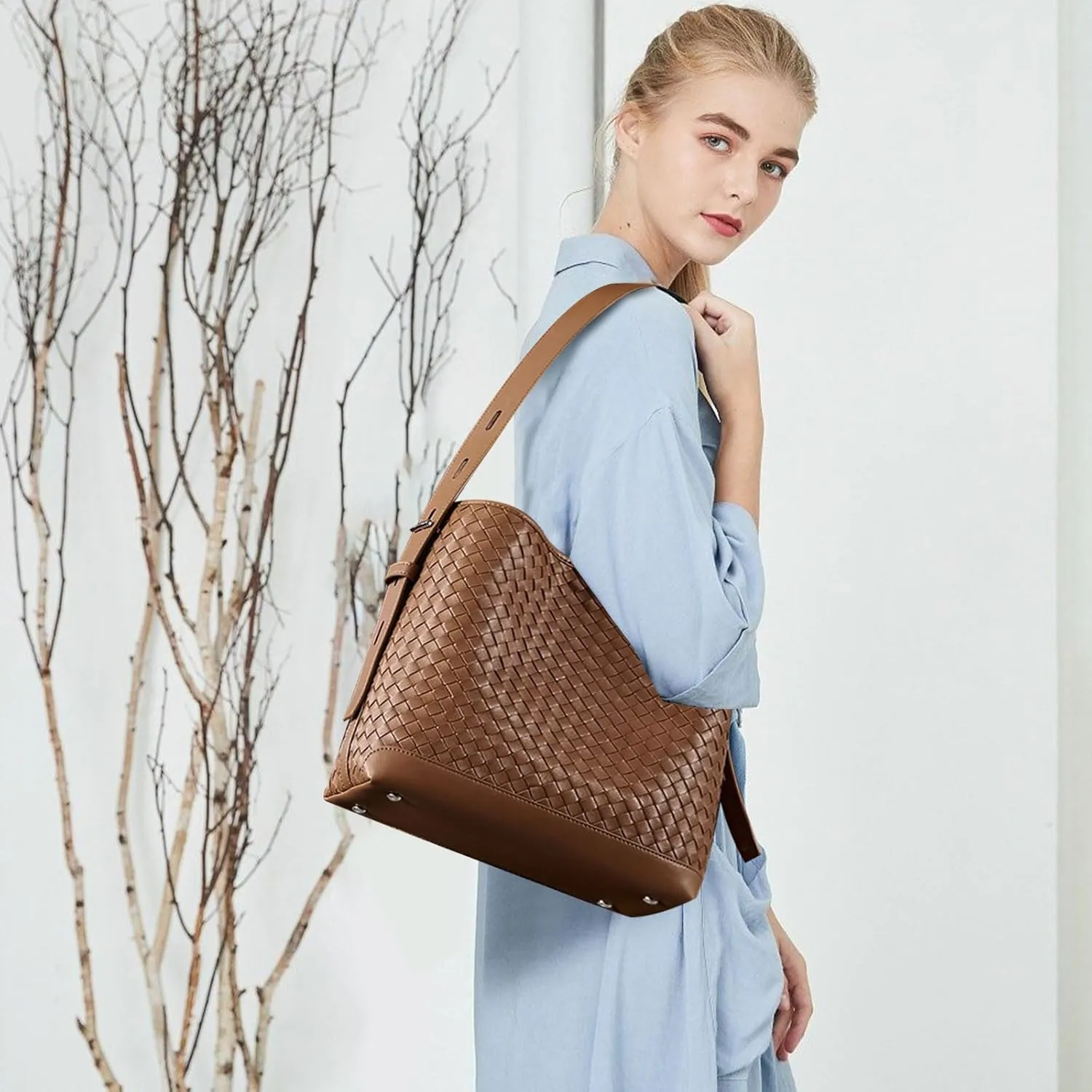Woven Shoulder Bag For Women Vegan Leather Bucket Bag Large Capacity Tote Bag Trendy Hobo Handbag Purse