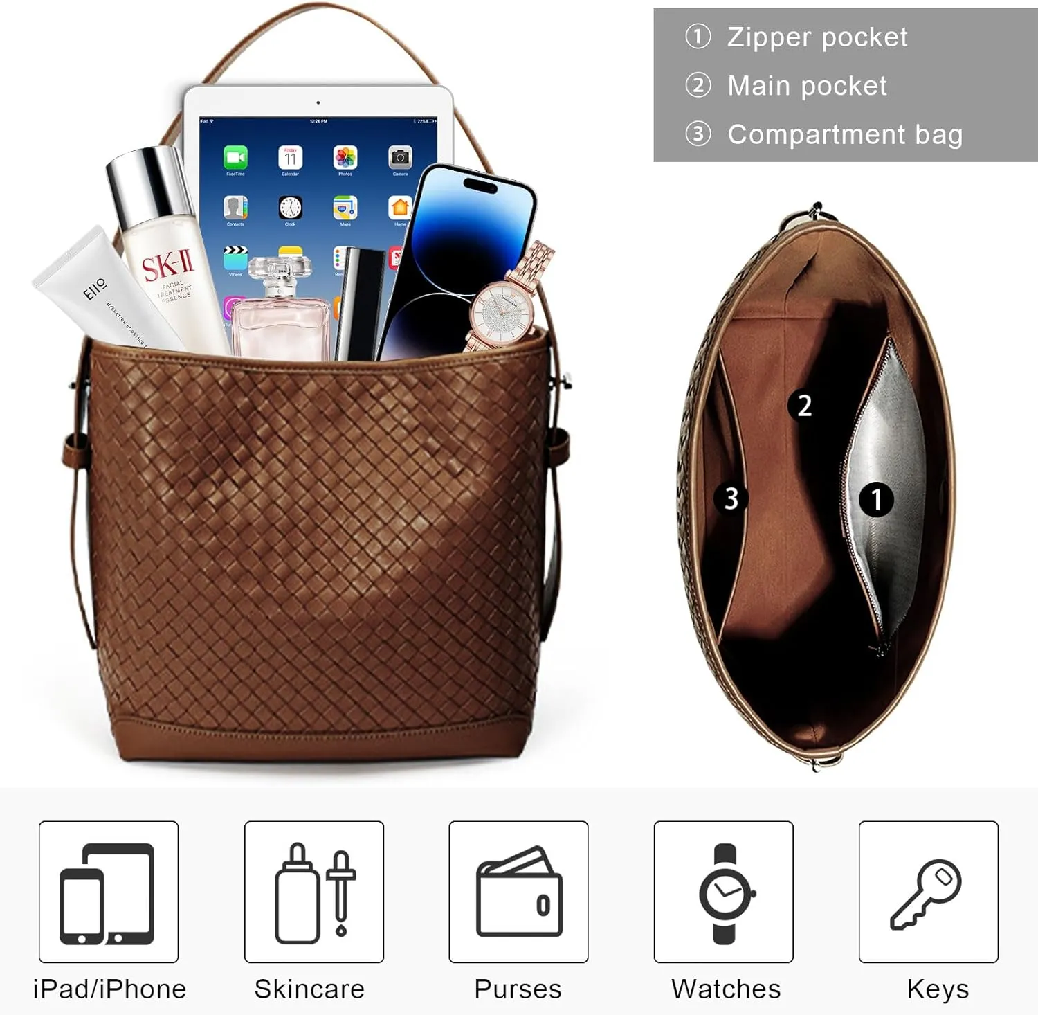 Woven Shoulder Bag For Women Vegan Leather Bucket Bag Large Capacity Tote Bag Trendy Hobo Handbag Purse