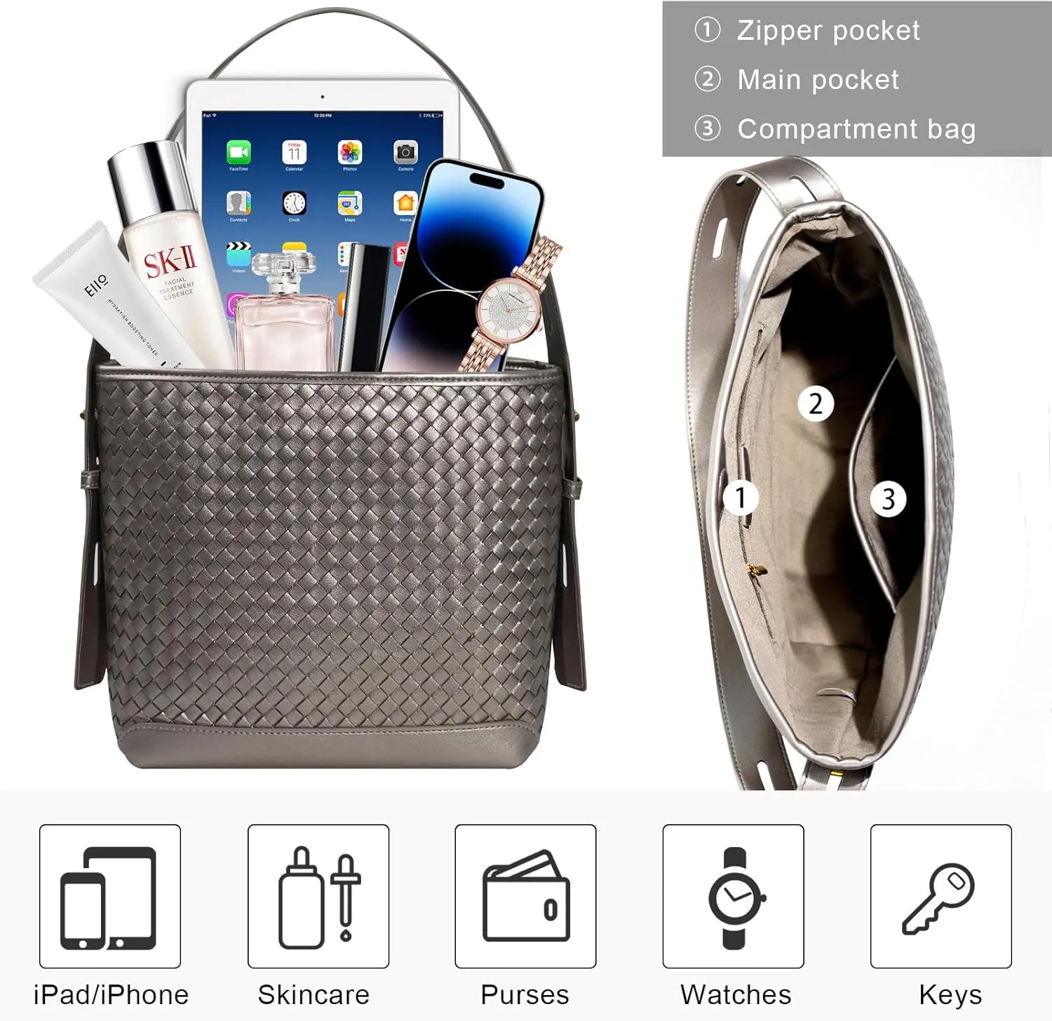Woven Shoulder Bag For Women Vegan Leather Bucket Bag Large Capacity Tote Bag Trendy Hobo Handbag Purse