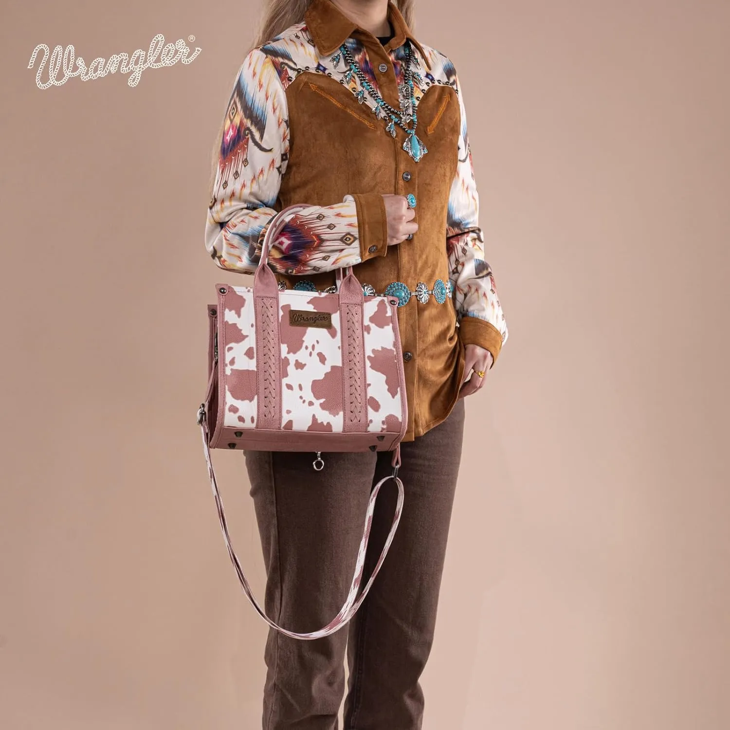 Wrangler Cow Print Tote Bag for Women Western Purse Boho Top Handle Satchel Handbag with Signature Strap