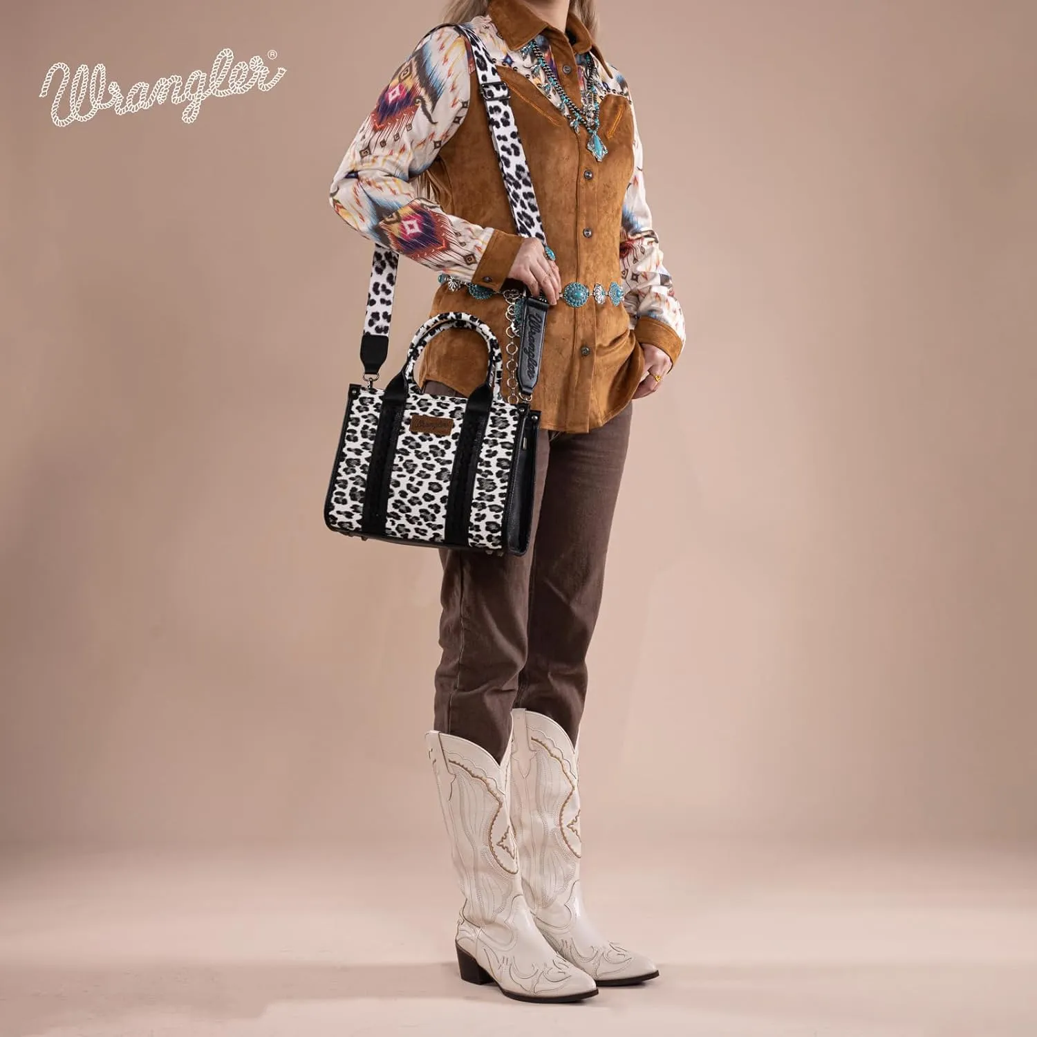 Wrangler Cow Print Tote Bag for Women Western Purse Boho Top Handle Satchel Handbag with Signature Strap