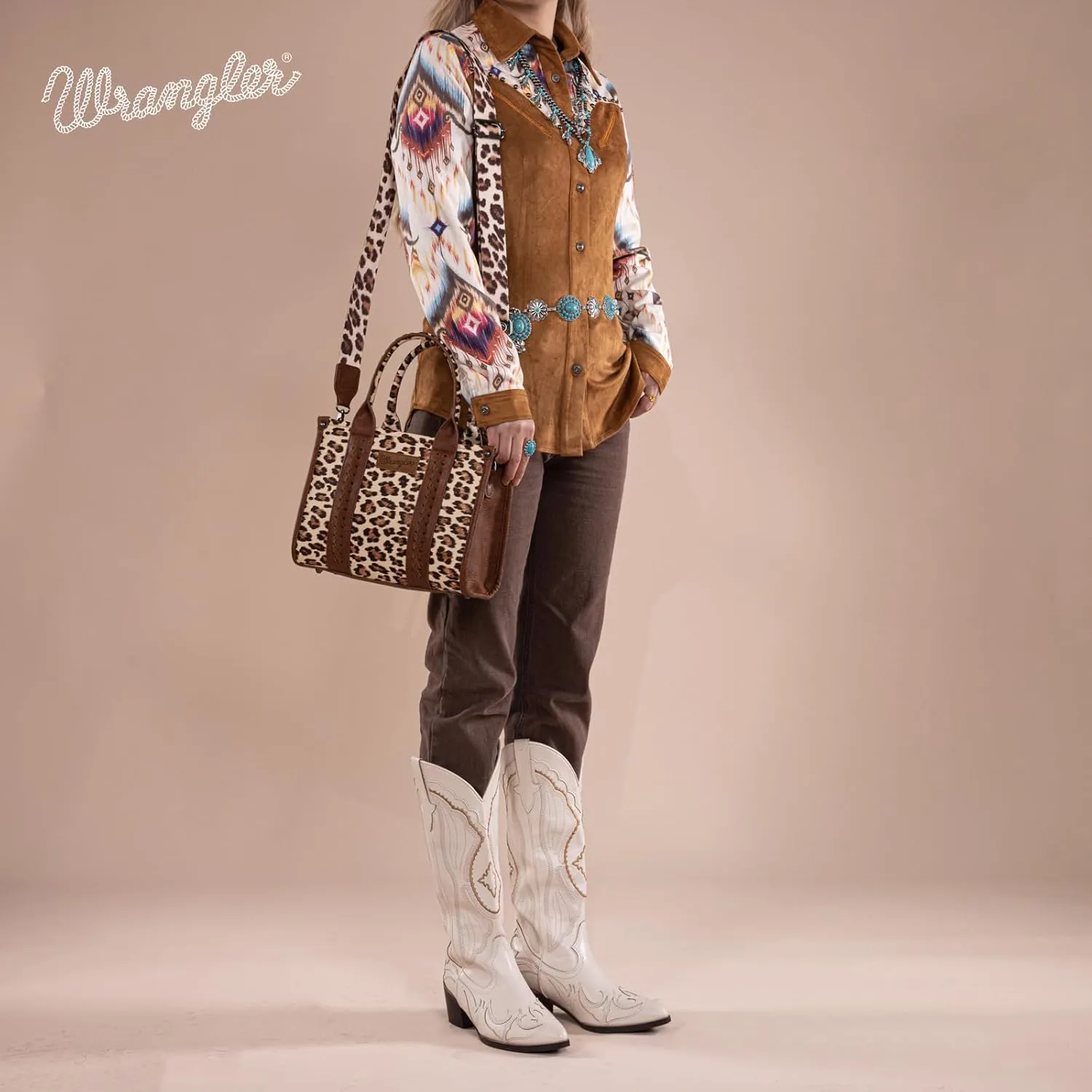Wrangler Cow Print Tote Bag for Women Western Purse Boho Top Handle Satchel Handbag with Signature Strap
