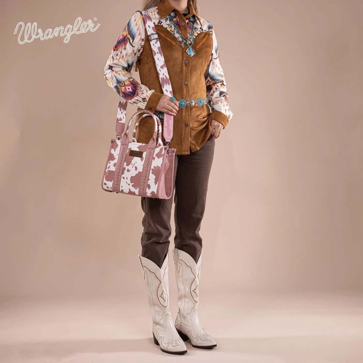 Wrangler Cow Print Tote Bag for Women Western Purse Boho Top Handle Satchel Handbag with Signature Strap