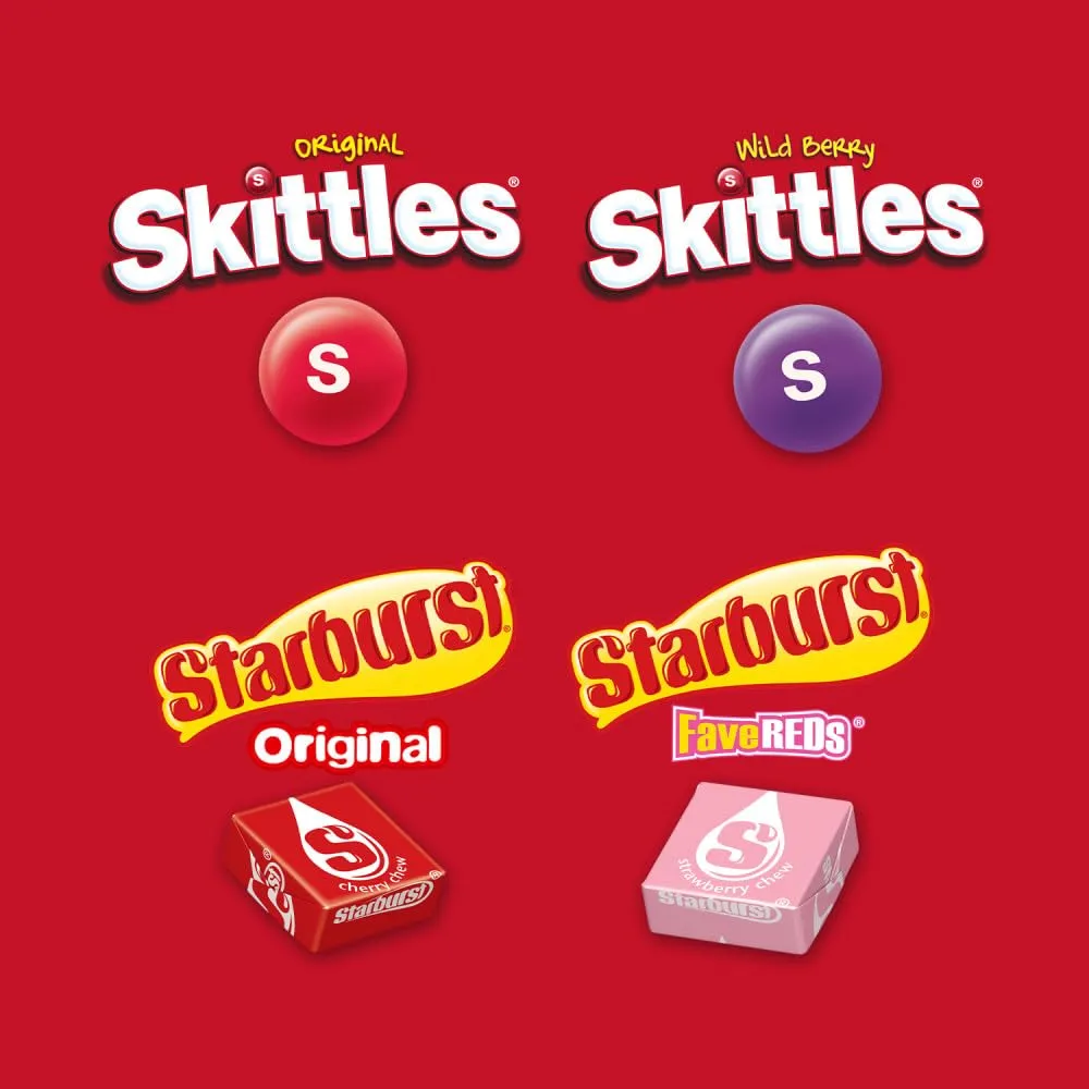 Wrigley's Assorted Candy Variety Pack, SKITTLES Original, SKITTLES Wild Berry & STARBURST Original and STARBURST FaveReds Fun Size Chewy Candy, 32.28 Oz Jumbo Pack, Bulk Bag