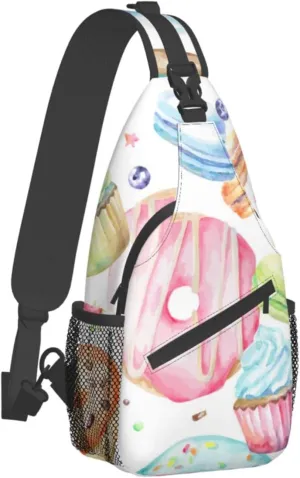 WURTON Cupcakes Donuts Muffins Sugar Print Trendy Casual Daypack Versatile Crossbody Backpack Shoulder Bag Fashionable Chest Bag