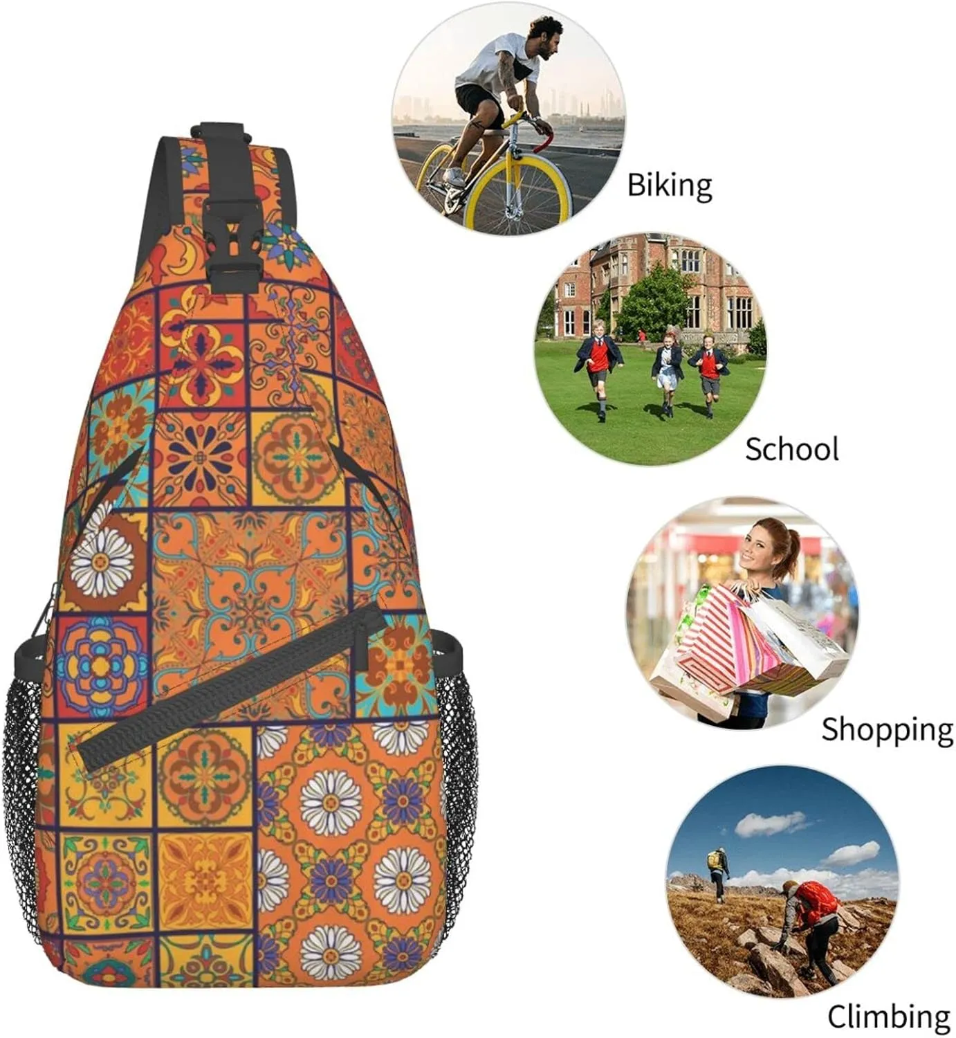 WURTON Group Of Moroccan Geometric Print Trendy Casual Daypack Versatile Crossbody Backpack Shoulder Bag Fashionable Chest Bag