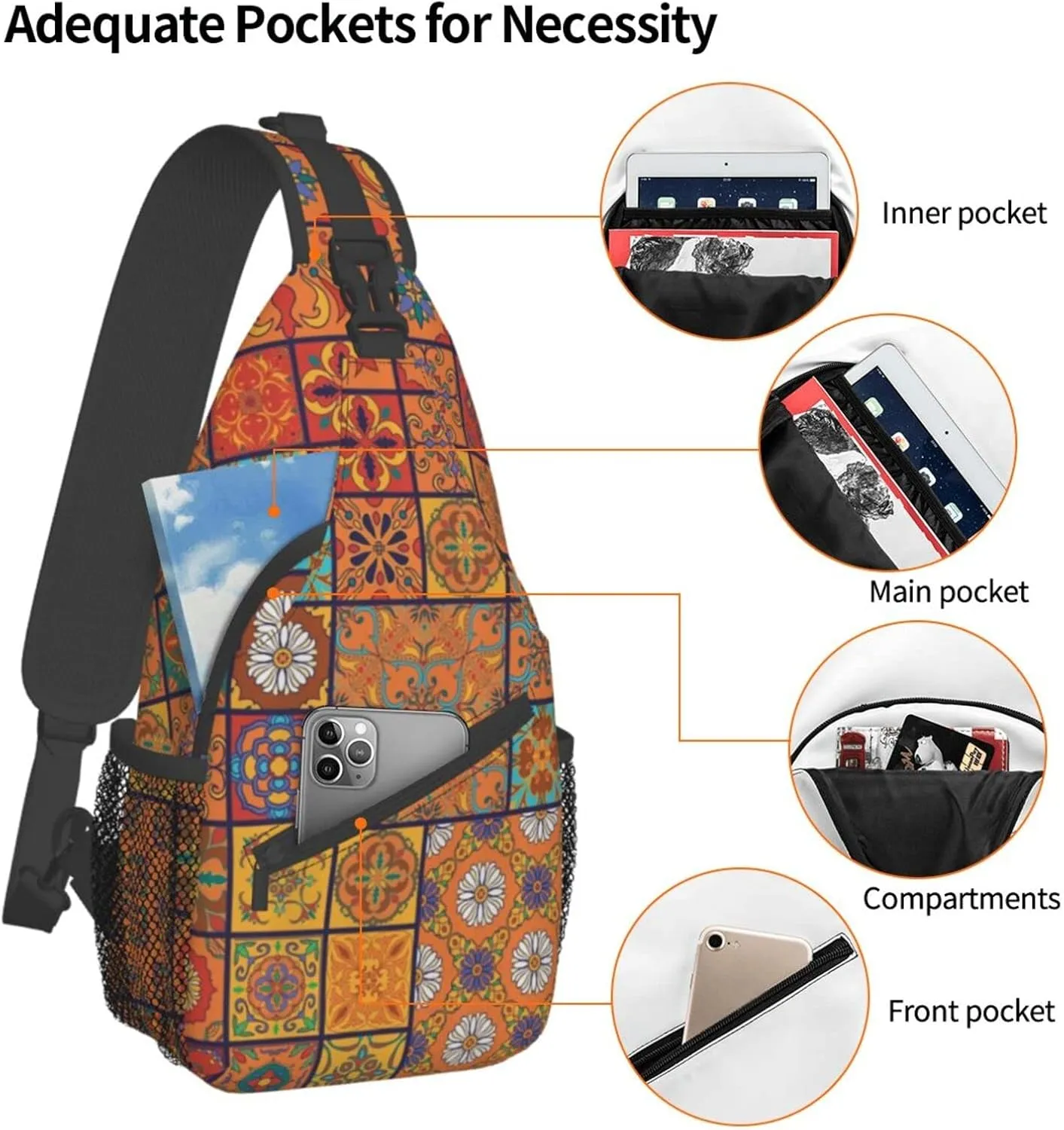 WURTON Group Of Moroccan Geometric Print Trendy Casual Daypack Versatile Crossbody Backpack Shoulder Bag Fashionable Chest Bag