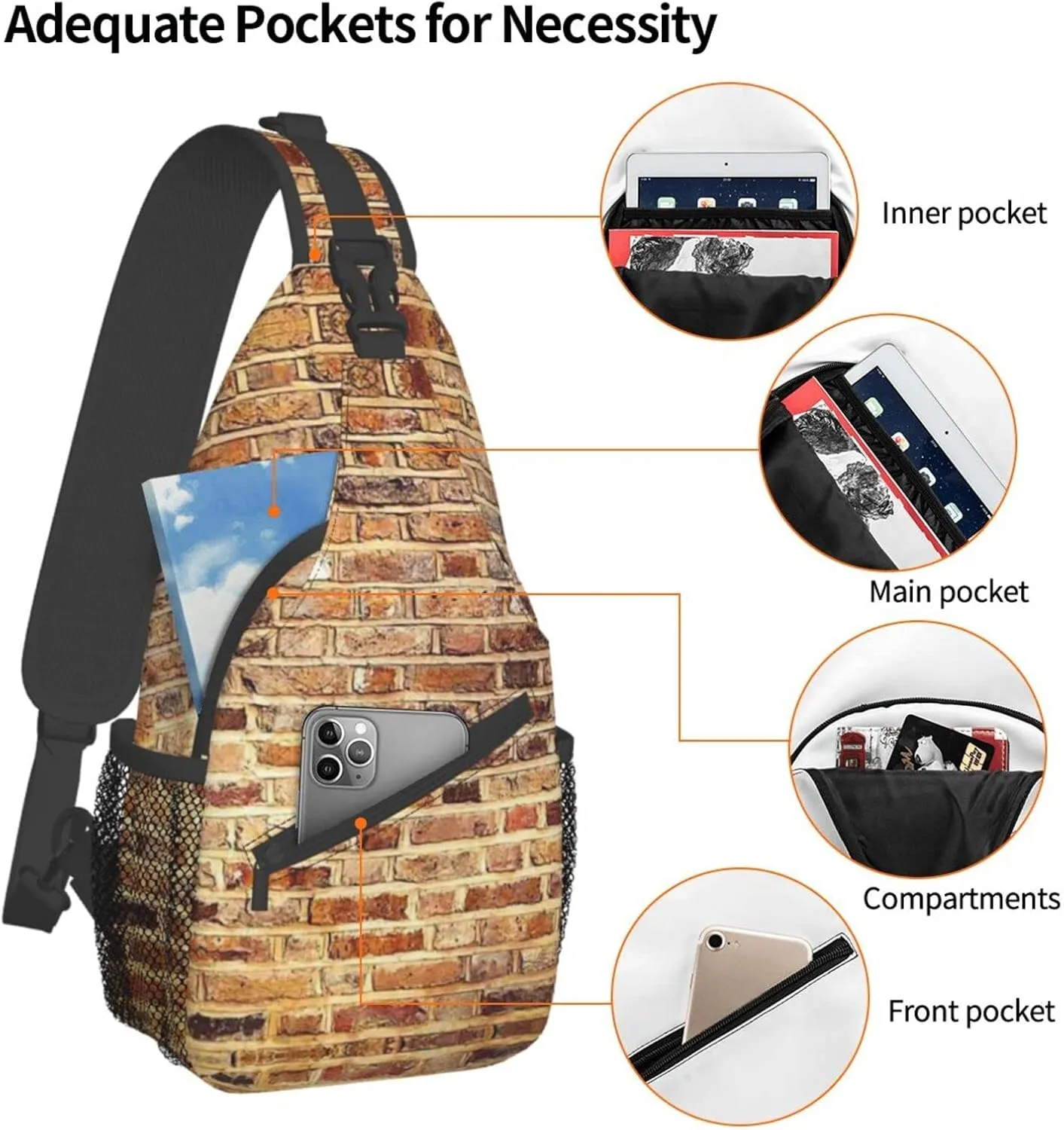 WURTON Industrial Brick Wall Background Print Trendy Casual Daypack Versatile Crossbody Backpack Shoulder Bag Fashionable Chest Bag