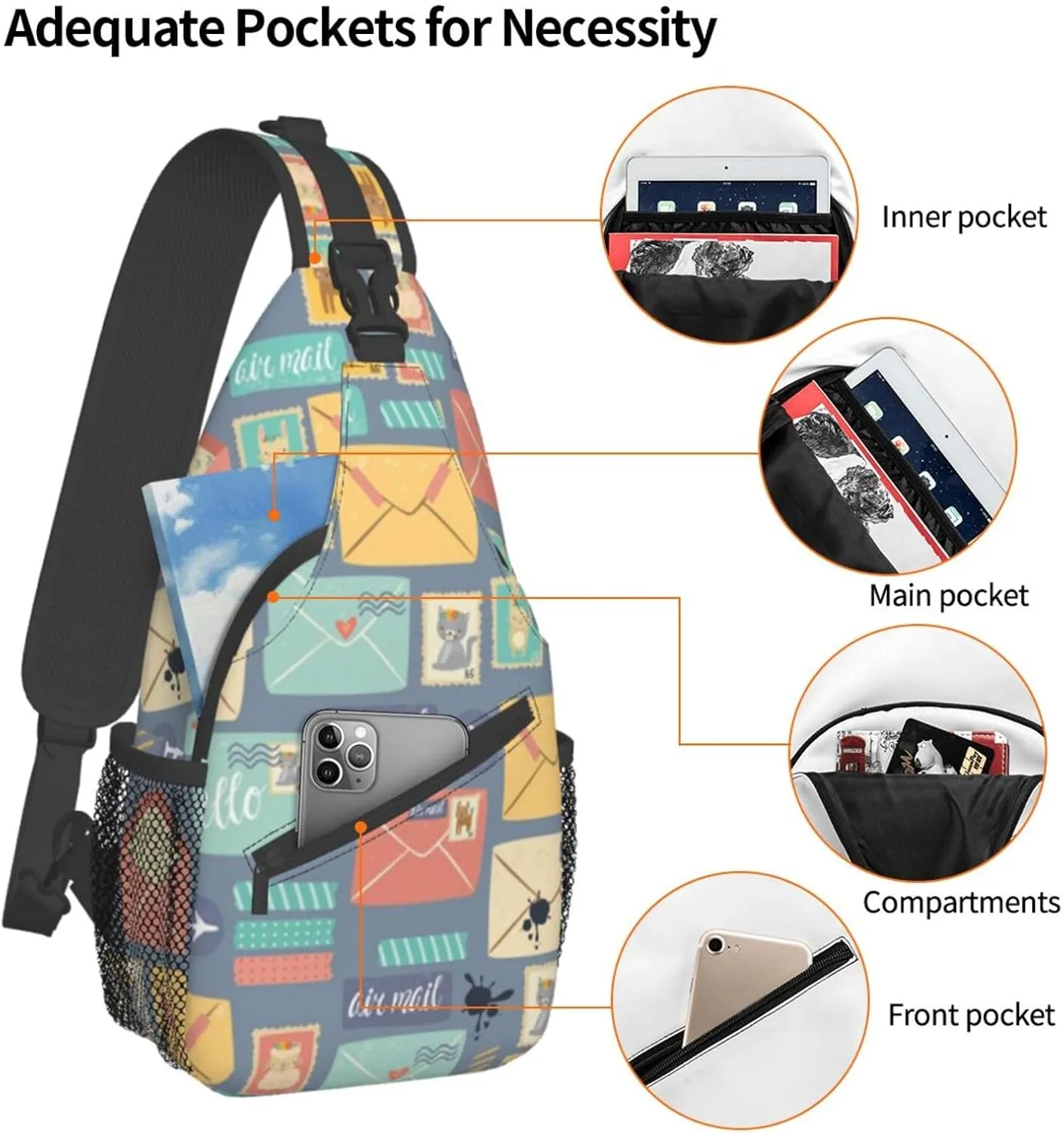 WURTON Postal Stationery Print Trendy Casual Daypack Versatile Crossbody Backpack Shoulder Bag Fashionable Chest Bag