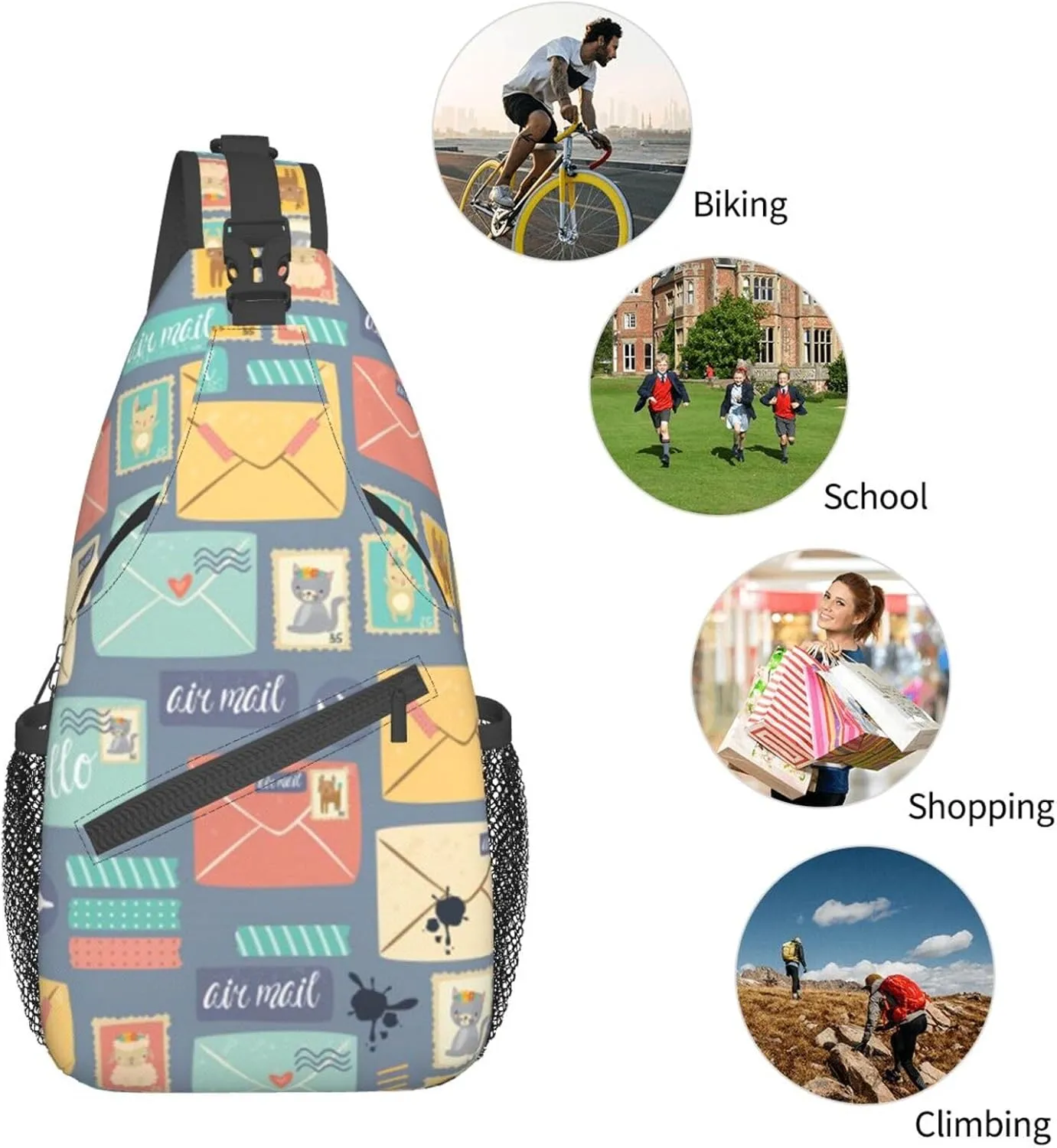 WURTON Postal Stationery Print Trendy Casual Daypack Versatile Crossbody Backpack Shoulder Bag Fashionable Chest Bag