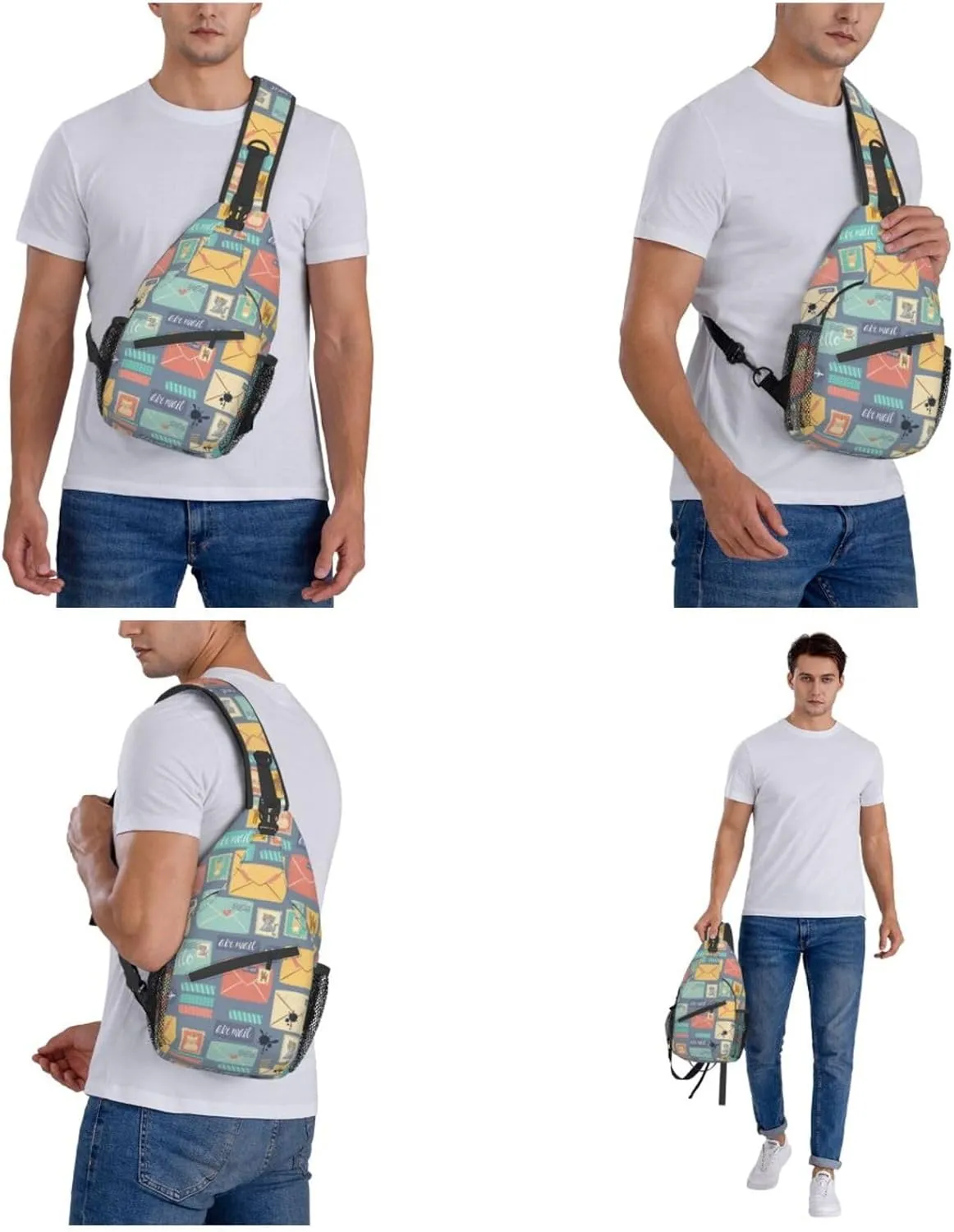 WURTON Postal Stationery Print Trendy Casual Daypack Versatile Crossbody Backpack Shoulder Bag Fashionable Chest Bag