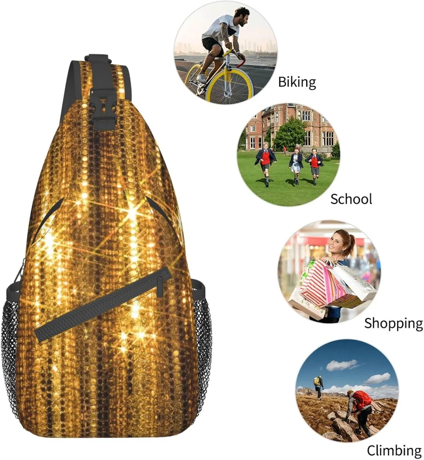WURTON Sling Bag Glittery Pretty Pattern Print Sling Backpack Crossbody Chest Bag Daypack For Hiking Travel
