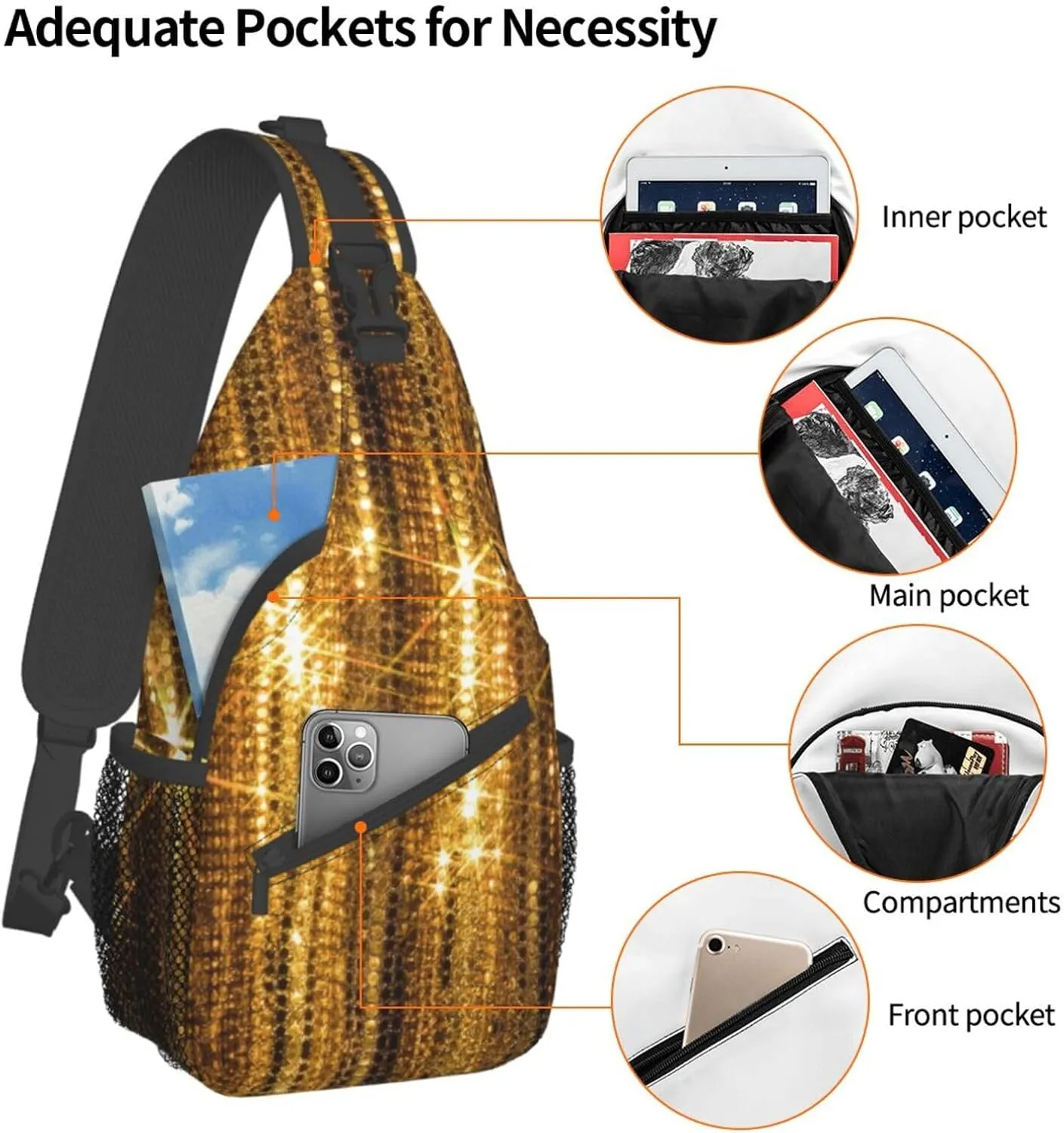WURTON Sling Bag Glittery Pretty Pattern Print Sling Backpack Crossbody Chest Bag Daypack For Hiking Travel