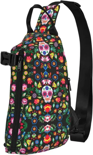 WURTON Sugar And Skulls And Flowers Print Crossbody Backpack Cross Pack Lightweight Sling Bag Travel, Hiking