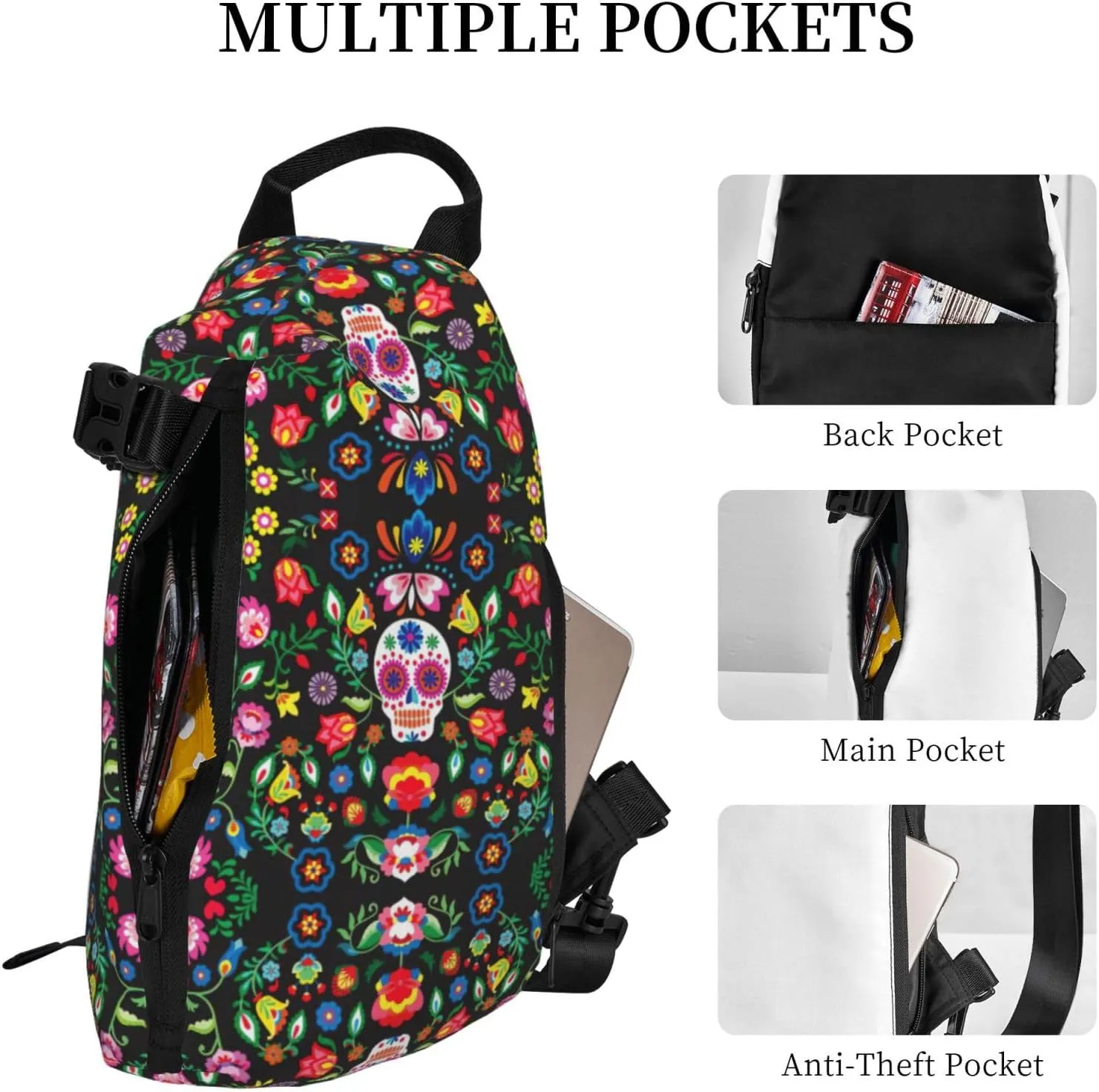 WURTON Sugar And Skulls And Flowers Print Crossbody Backpack Cross Pack Lightweight Sling Bag Travel, Hiking