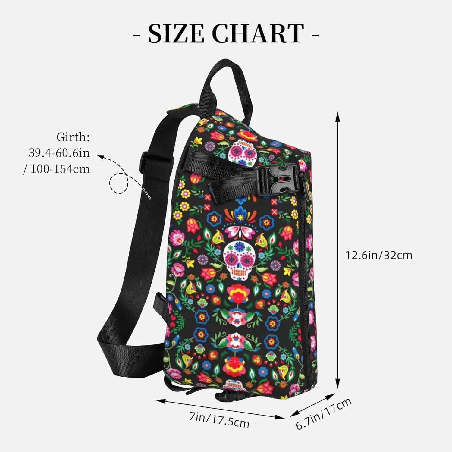 WURTON Sugar And Skulls And Flowers Print Crossbody Backpack Cross Pack Lightweight Sling Bag Travel, Hiking