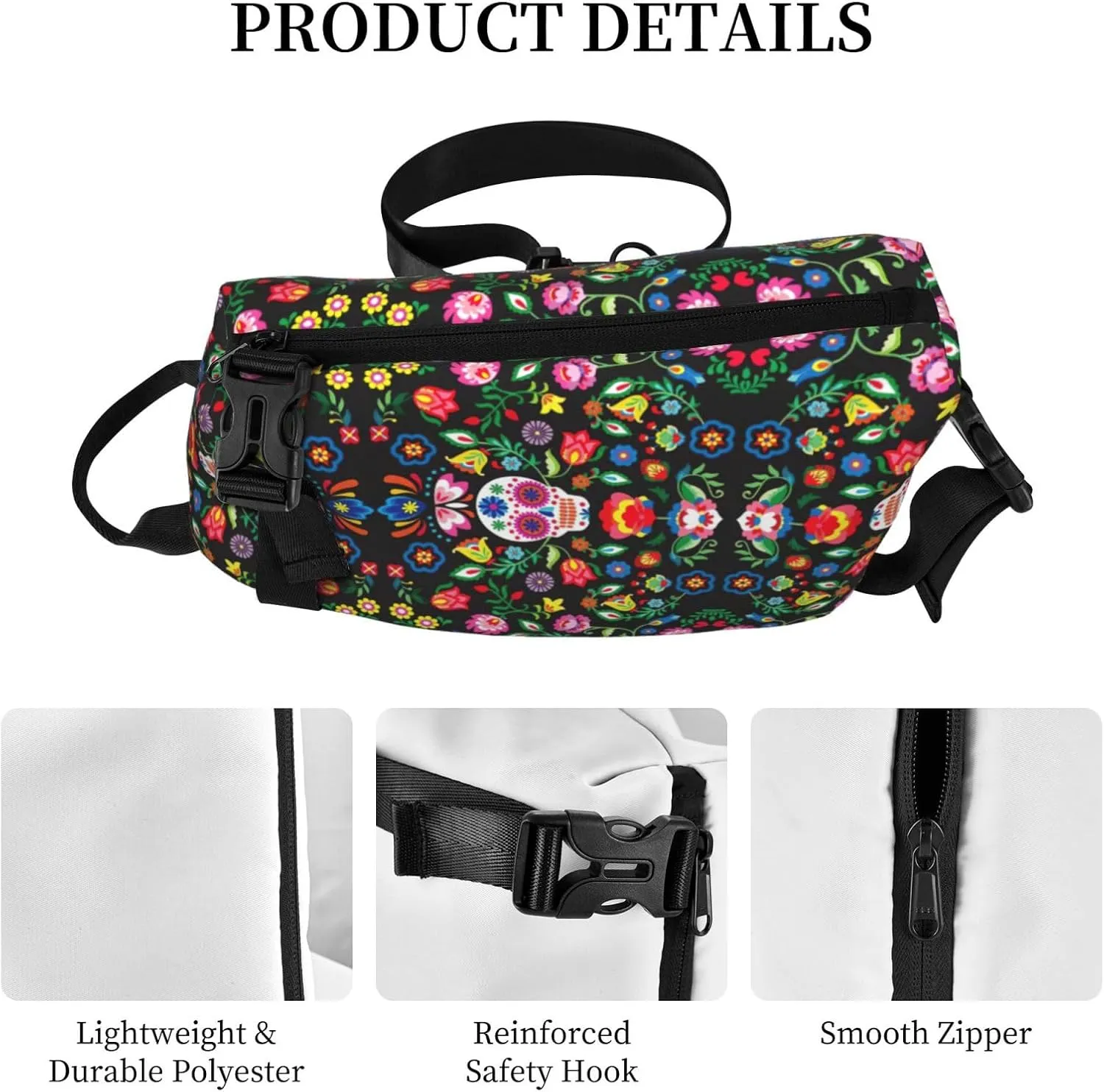 WURTON Sugar And Skulls And Flowers Print Crossbody Backpack Cross Pack Lightweight Sling Bag Travel, Hiking