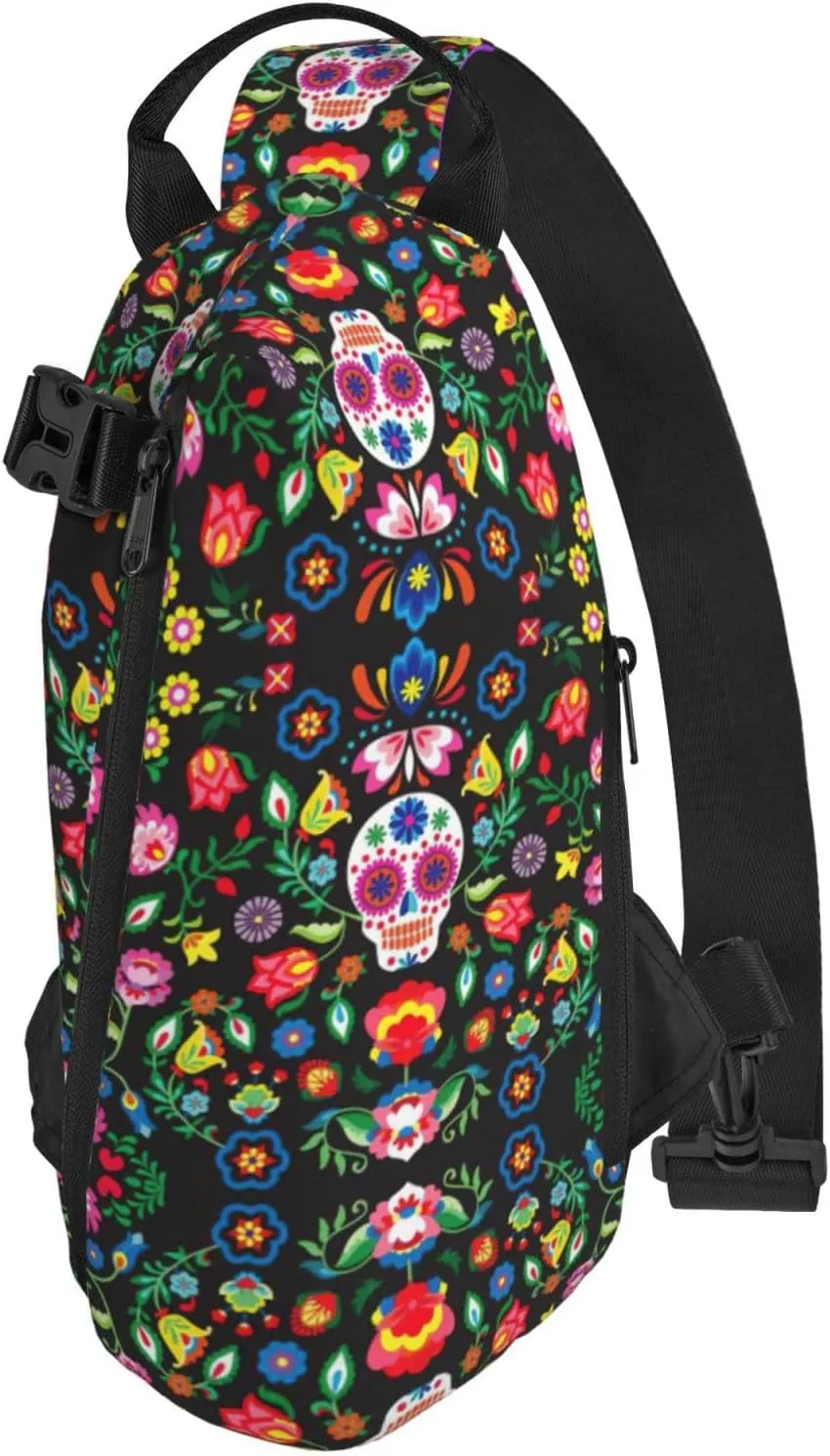 WURTON Sugar And Skulls And Flowers Print Crossbody Backpack Cross Pack Lightweight Sling Bag Travel, Hiking