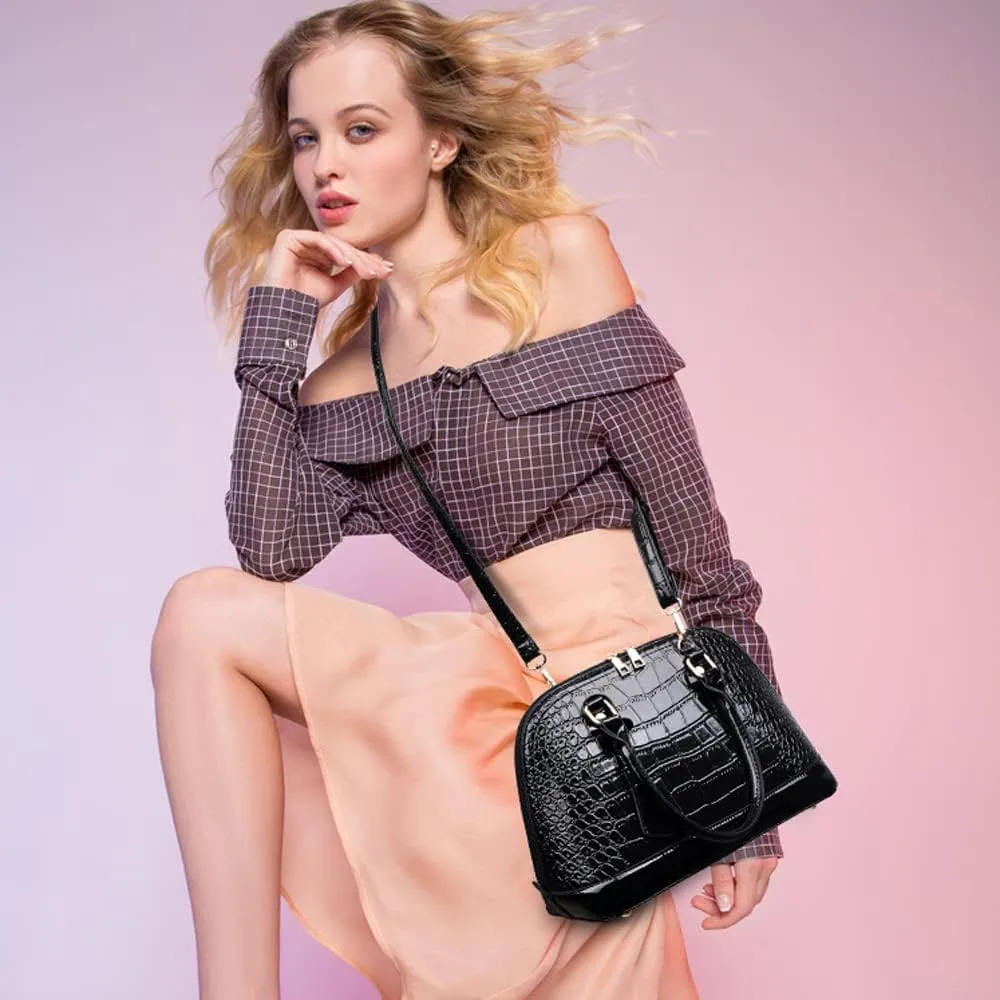 XXGJOALD-Classic Dome Satchel Bags for Women Crocodile Pattern Faux Leather Crossbody Bags Top Handle Handbags Zipper Purse