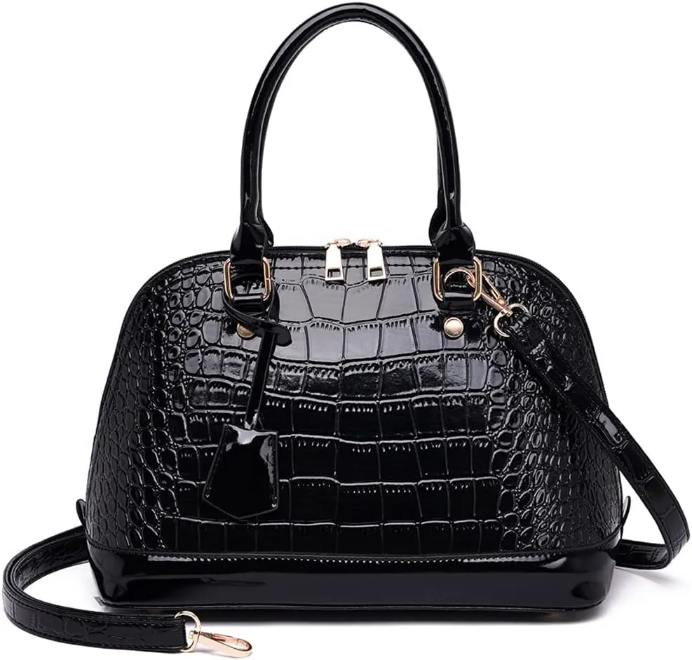 XXGJOALD-Classic Dome Satchel Bags for Women Crocodile Pattern Faux Leather Crossbody Bags Top Handle Handbags Zipper Purse
