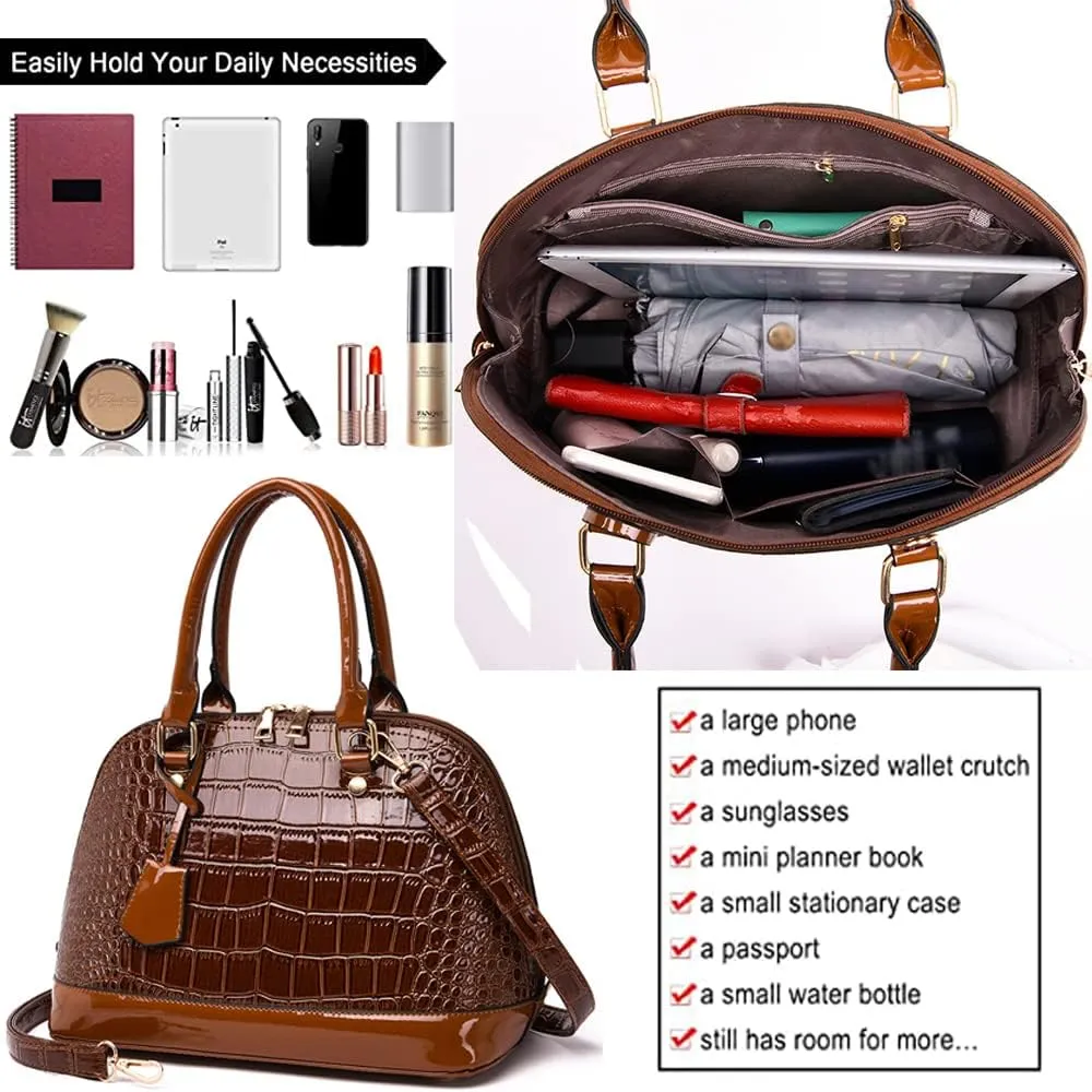 XXGJOALD-Classic Dome Satchel Bags for Women Crocodile Pattern Faux Leather Crossbody Bags Top Handle Handbags Zipper Purse