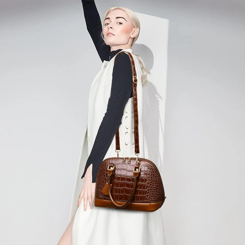 XXGJOALD-Classic Dome Satchel Bags for Women Crocodile Pattern Faux Leather Crossbody Bags Top Handle Handbags Zipper Purse