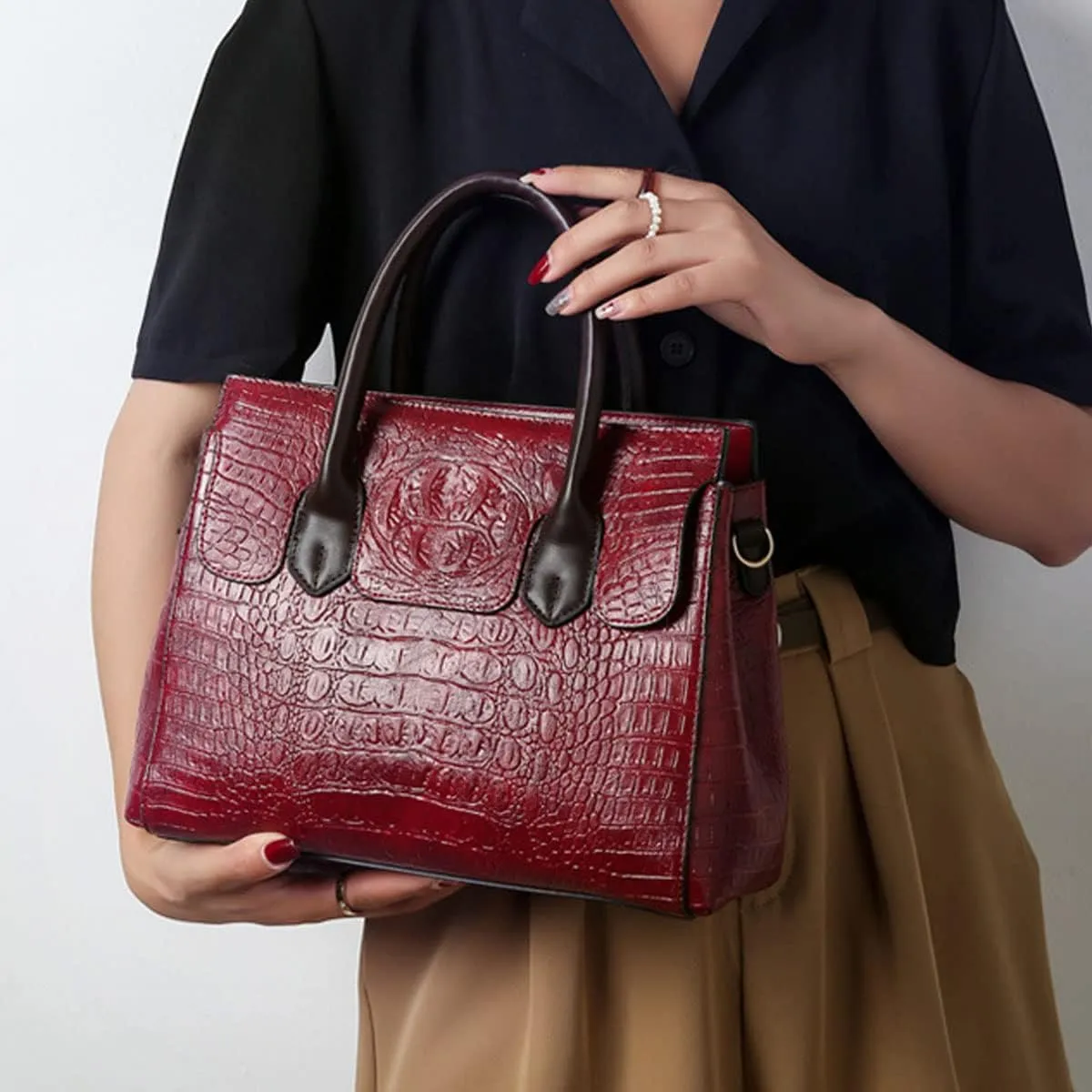 XXGJOALD-Women Crocodile Pattern Handbag Fashion Shoulder Bag PU Leather Tote Designer Purse Classic Top-Handle Satchel