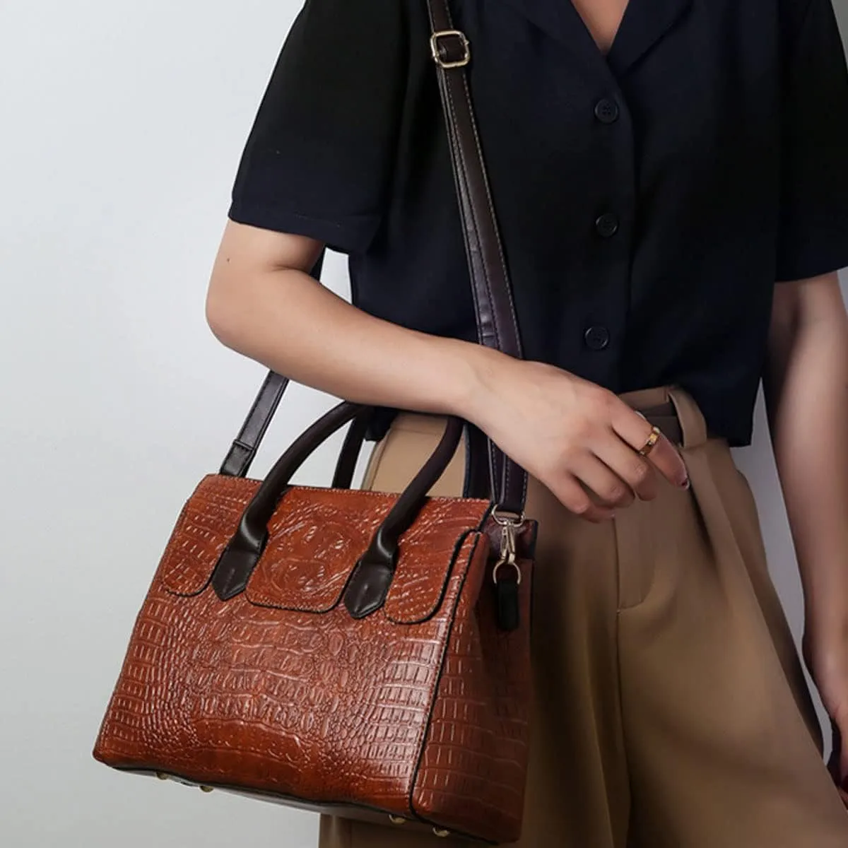 XXGJOALD-Women Crocodile Pattern Handbag Fashion Shoulder Bag PU Leather Tote Designer Purse Classic Top-Handle Satchel
