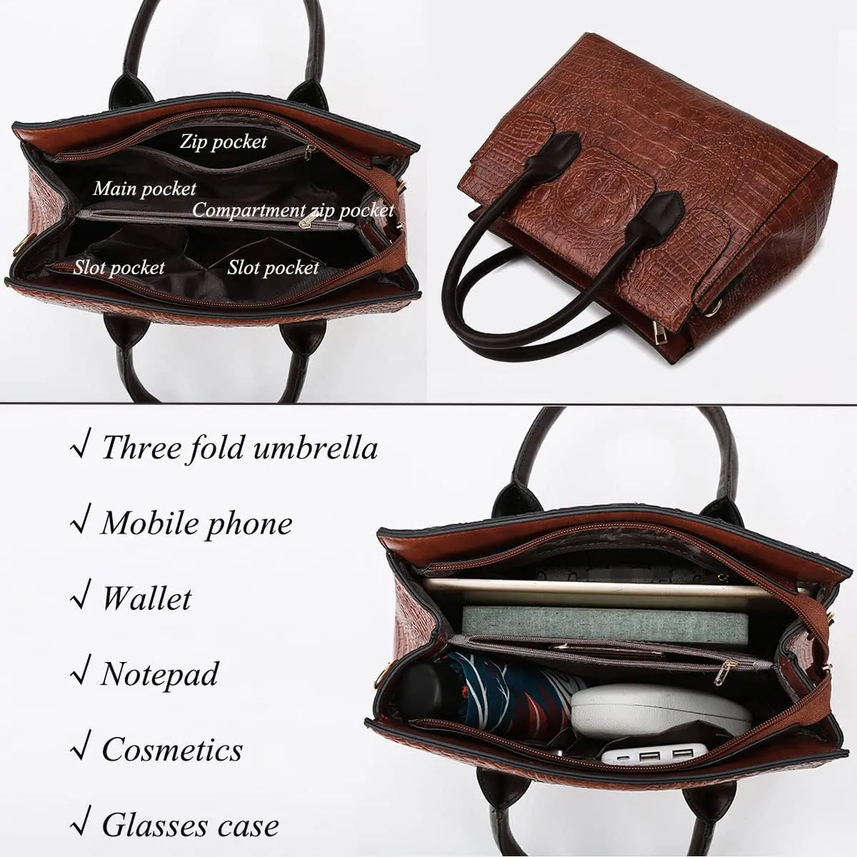 XXGJOALD-Women Crocodile Pattern Handbag Fashion Shoulder Bag PU Leather Tote Designer Purse Classic Top-Handle Satchel