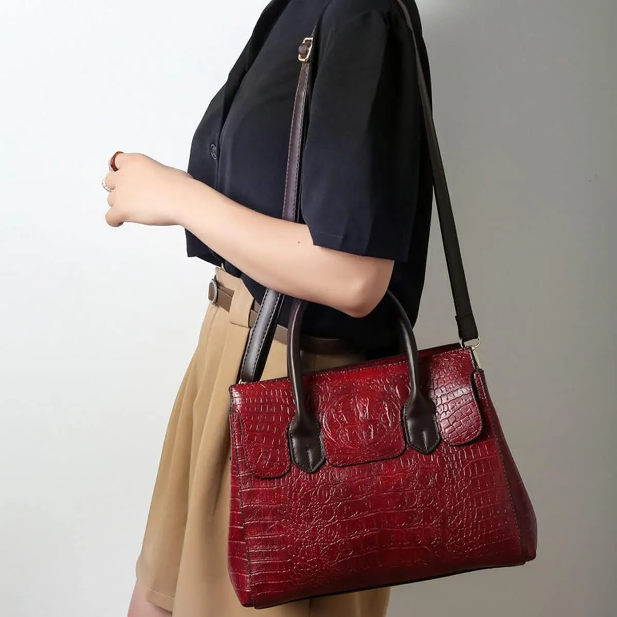 XXGJOALD-Women Crocodile Pattern Handbag Fashion Shoulder Bag PU Leather Tote Designer Purse Classic Top-Handle Satchel
