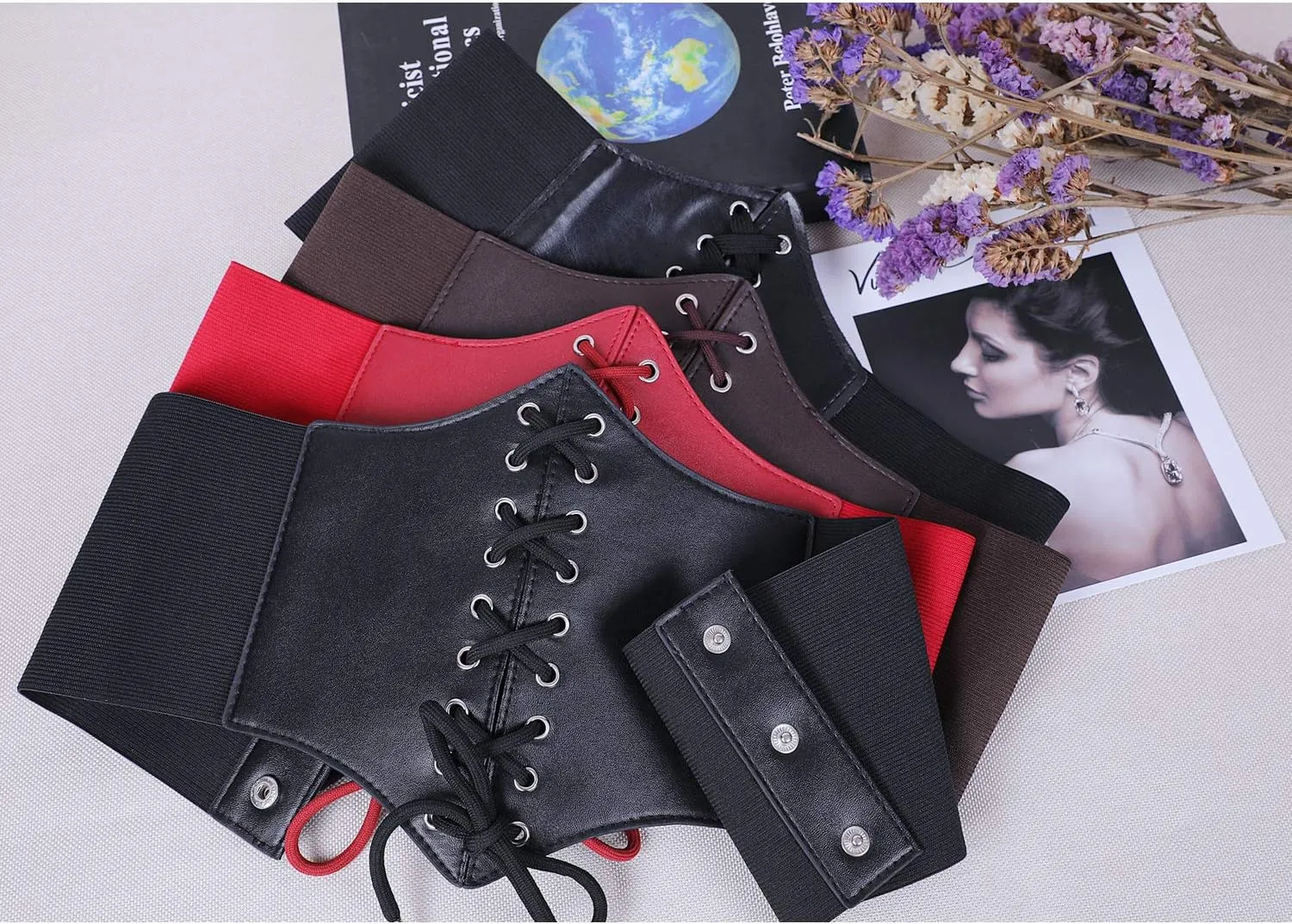 XZQTIVE Black Corset Waist Belt for Women, Wide Elastic Tie Waspie Belt for Dresses 4.7inch