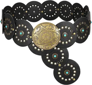 XZQTIVE Western PU Leather Belts for Woman Concho Cowgirl Cowboy Disc Belt for Ladies Wide Boho Country Waist Belts for Dress