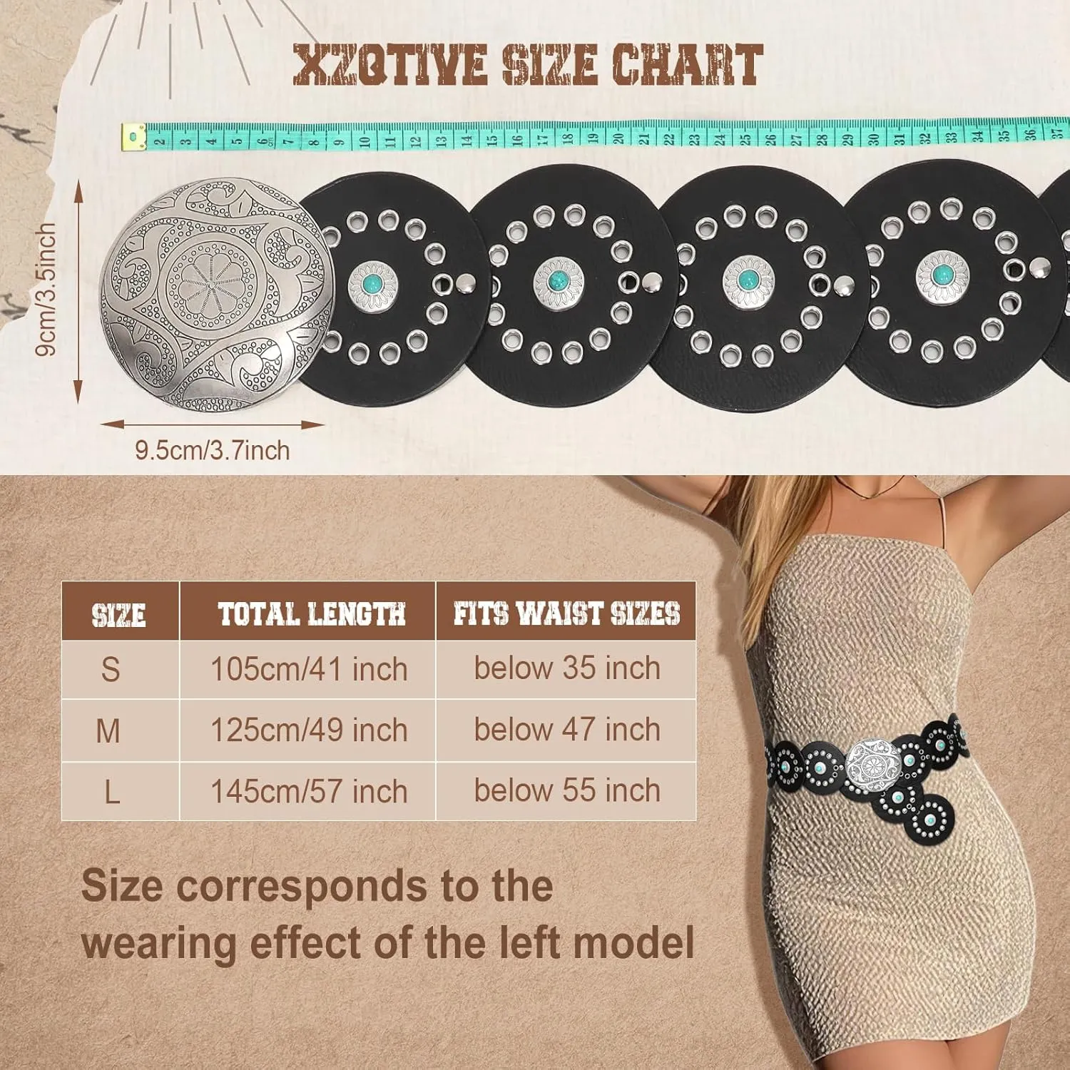 XZQTIVE Western PU Leather Belts for Woman Concho Cowgirl Cowboy Disc Belt for Ladies Wide Boho Country Waist Belts for Dress