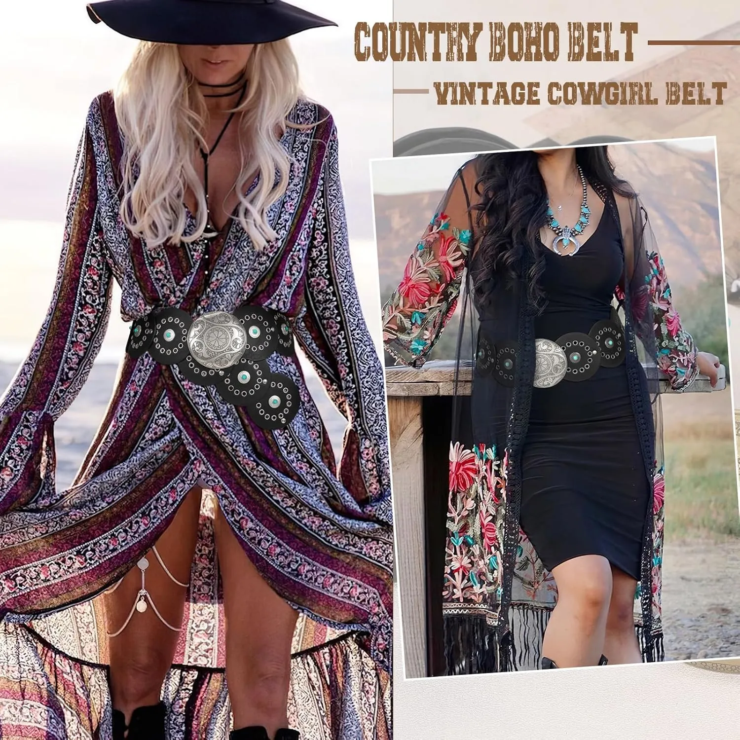 XZQTIVE Western PU Leather Belts for Woman Concho Cowgirl Cowboy Disc Belt for Ladies Wide Boho Country Waist Belts for Dress