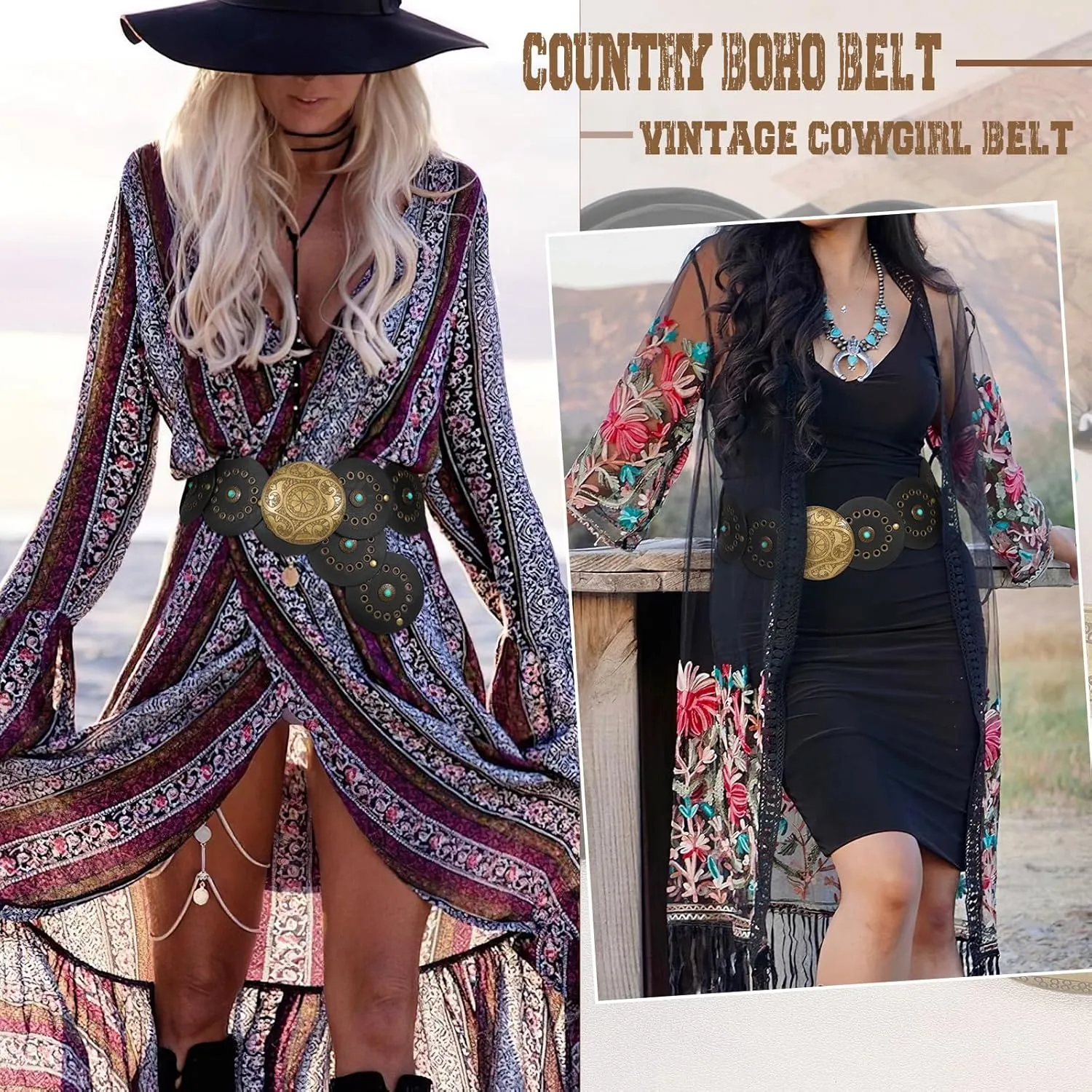 XZQTIVE Western PU Leather Belts for Woman Concho Cowgirl Cowboy Disc Belt for Ladies Wide Boho Country Waist Belts for Dress