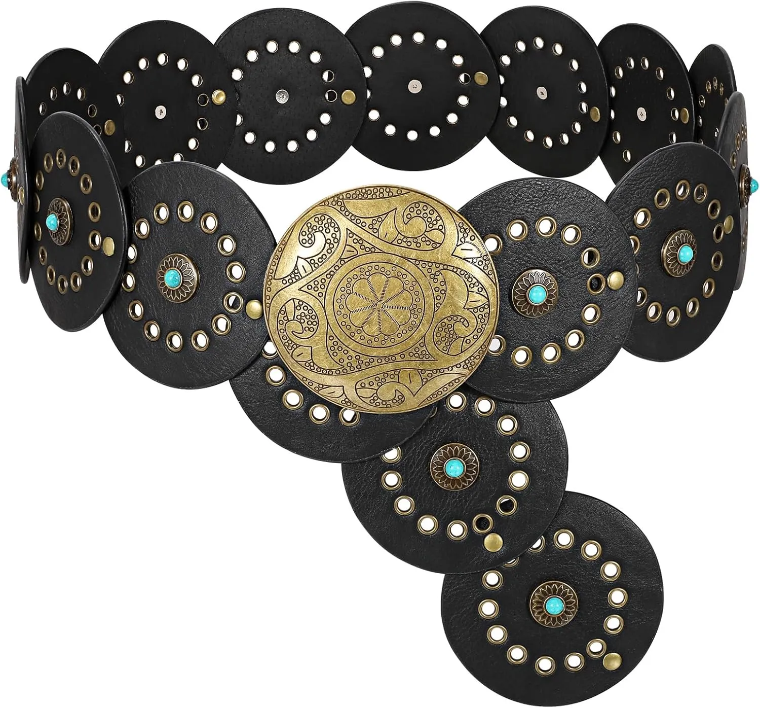 XZQTIVE Western PU Leather Belts for Woman Concho Cowgirl Cowboy Disc Belt for Ladies Wide Boho Country Waist Belts for Dress