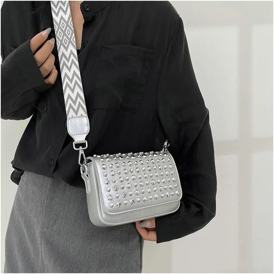 Y2k Crescent Crossbody Purse Women 90s Studded PU Leather Shoulder Satchels Hobo Bags Trendy Punk Underarm Tote Handbag