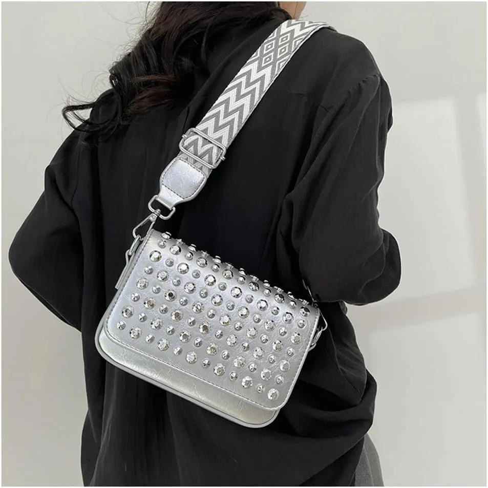 Y2k Crescent Crossbody Purse Women 90s Studded PU Leather Shoulder Satchels Hobo Bags Trendy Punk Underarm Tote Handbag